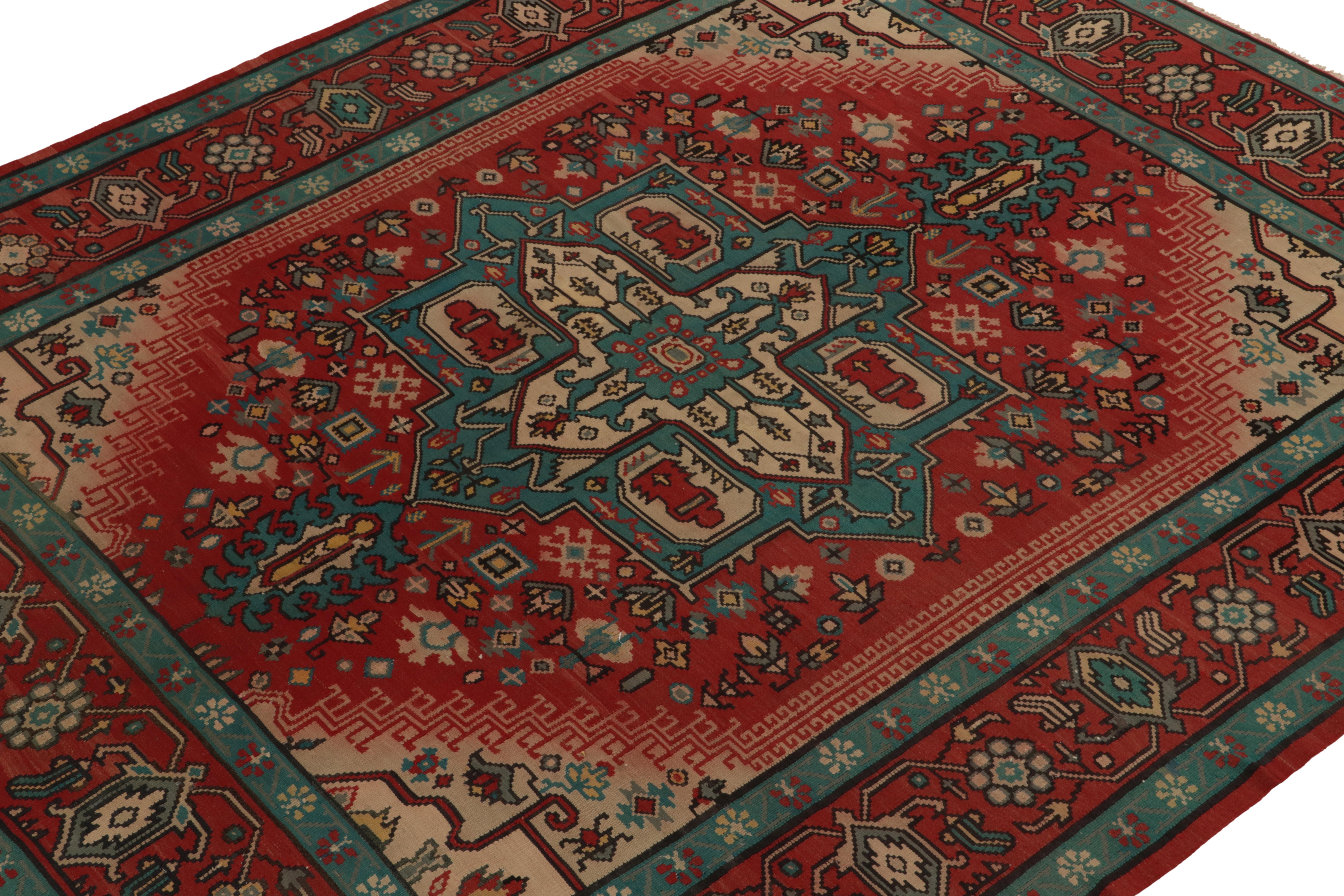 Hand-Knotted Vintage Bessarabian Kilim in Red &  Blue Medallion Floral Pattern by Rug & Kilim For Sale