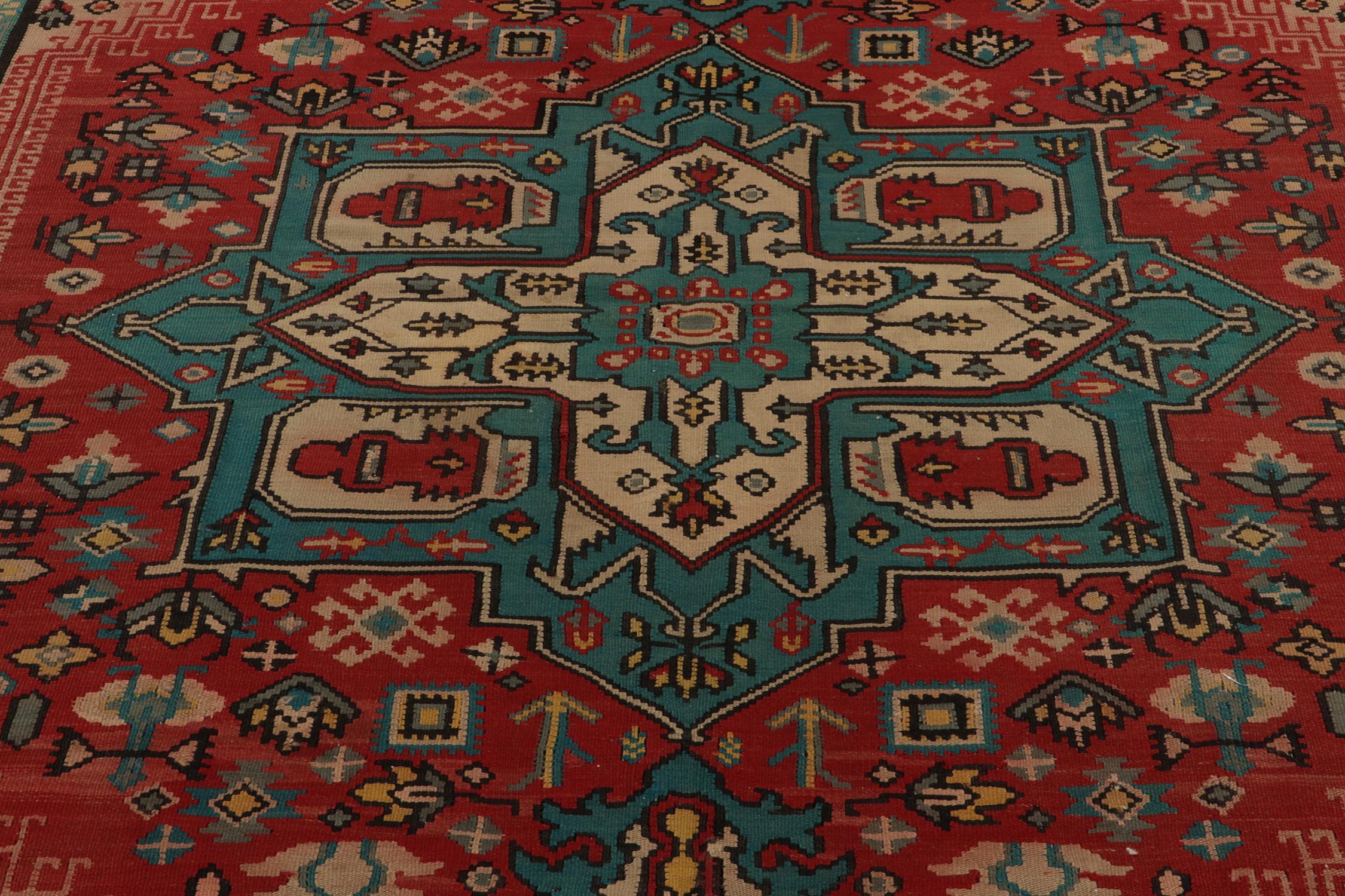Wool Vintage Bessarabian Kilim in Red &  Blue Medallion Floral Pattern by Rug & Kilim For Sale