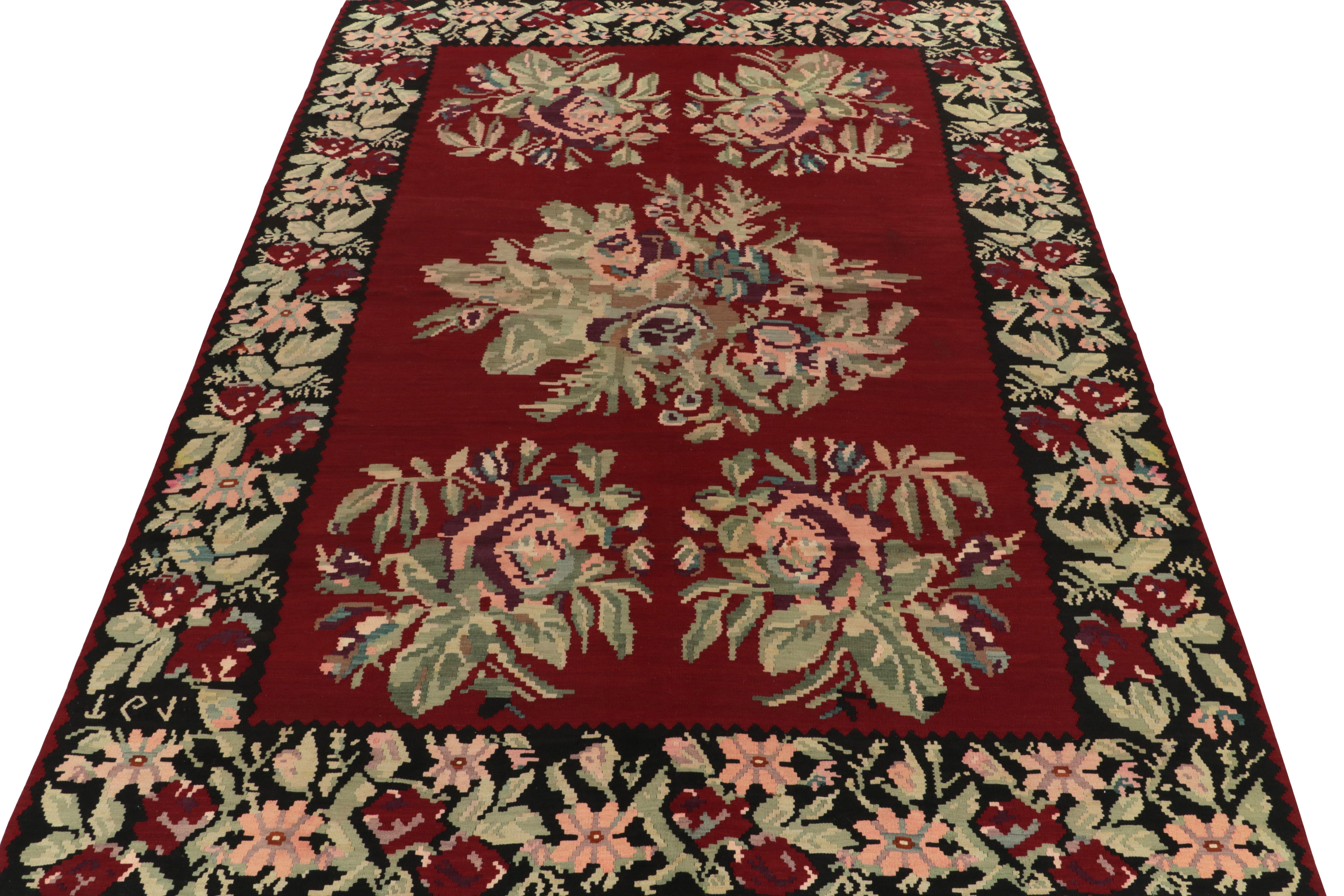 Turkish Vintage Bessarabian Kilim in Red with Green Pink Floral Pattern by Rug & Kilim For Sale