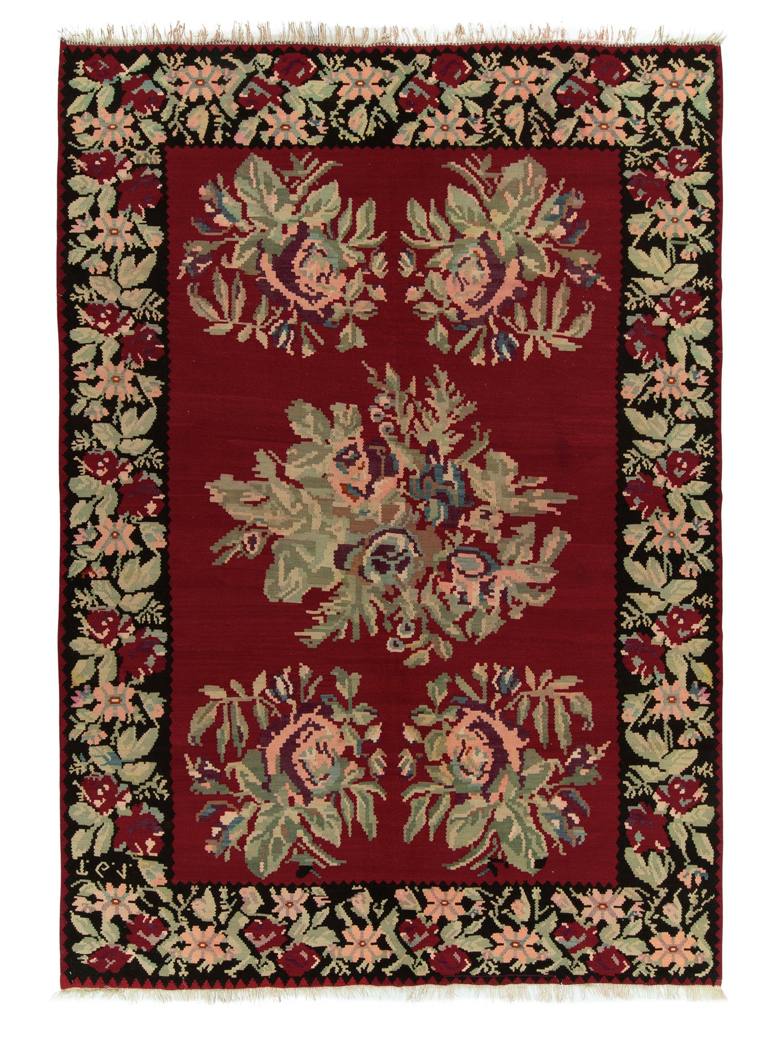 Vintage Bessarabian Kilim in Red with Green Pink Floral Pattern by Rug & Kilim For Sale