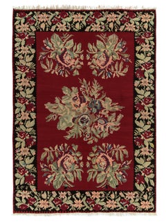 Tapis Kilim bessarabique vintage rouge avec motif floral vert et rose par Kilim