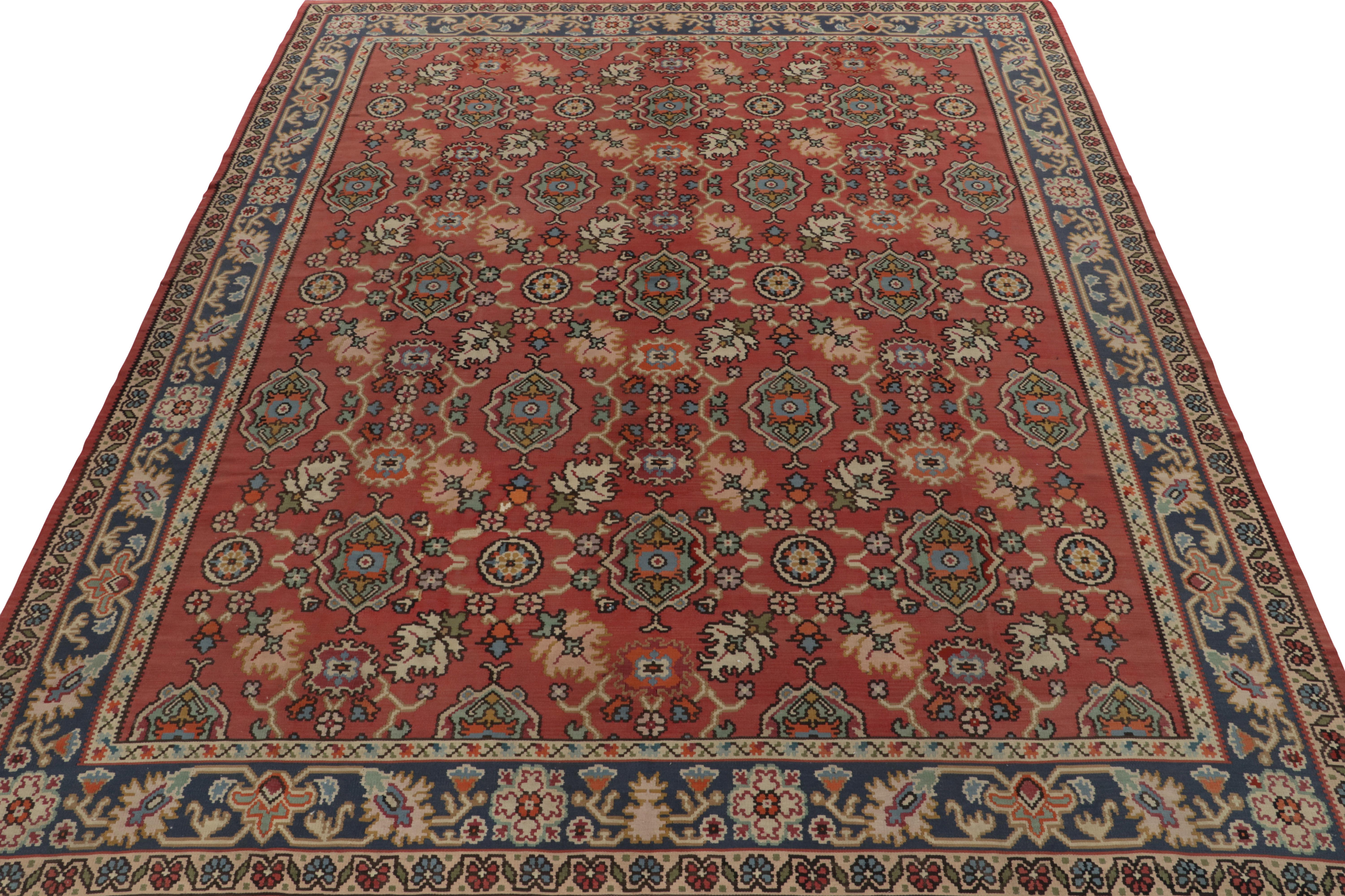 Art Deco Vintage Bessarabian Kilim in Red with Teal Floral Patterns by Rug & Kilim For Sale