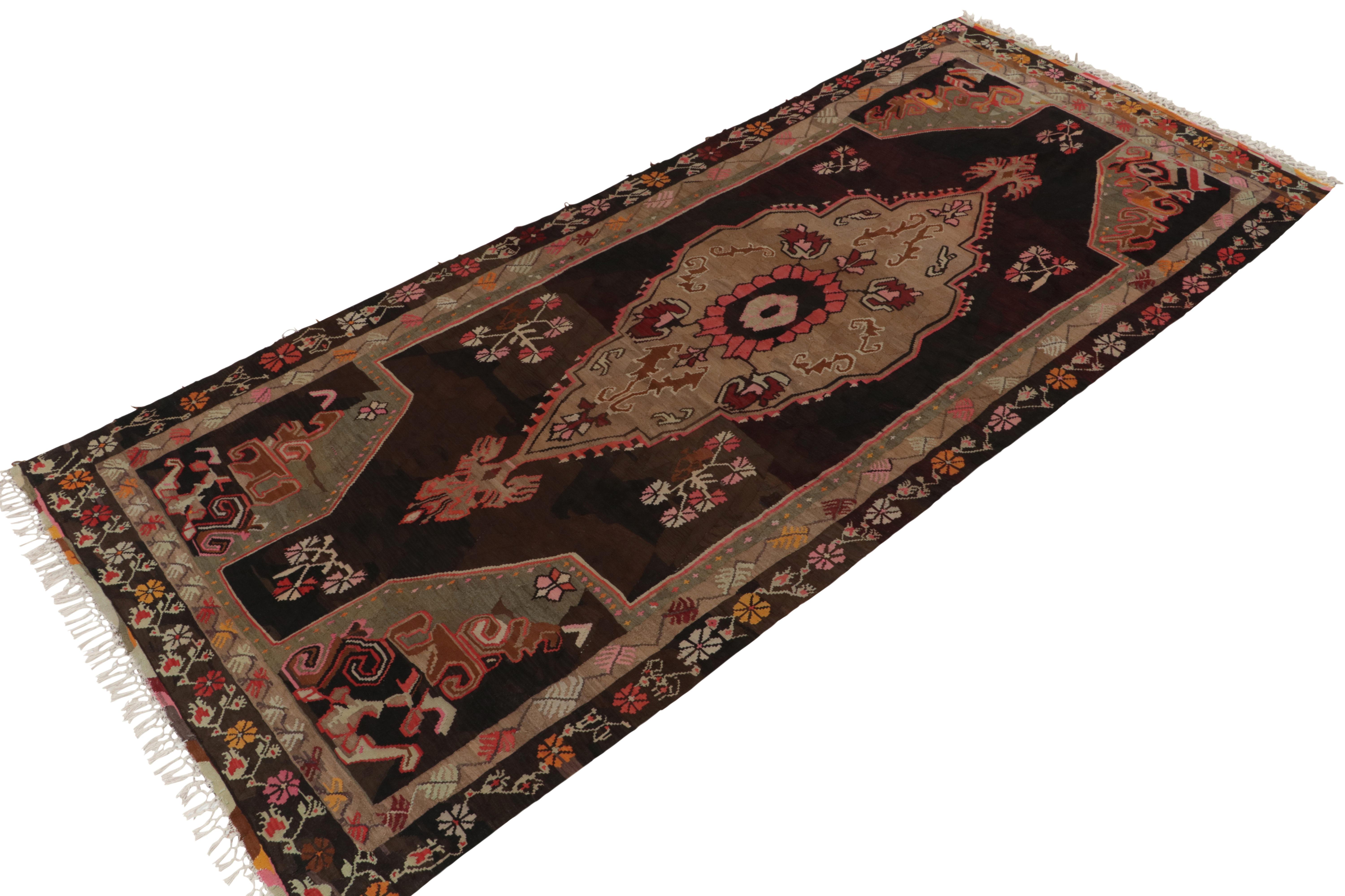 Mid-Century Modern Vintage Bessarabian Kilim Rug in Beige, Brown Floral Medallion by Rug & Kilim For Sale