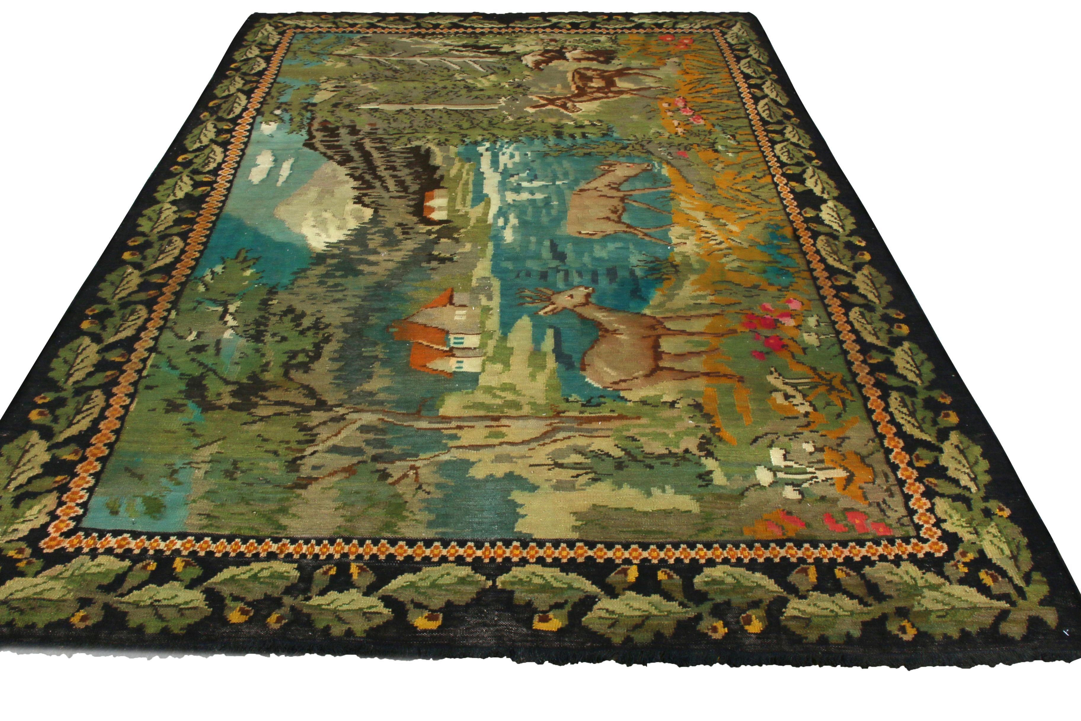 A 7x9 vintage Bessarabian Kilim, handwoven in wool entering Rug & Kilim’s flatweave repertoire in all its antiquity featuring Romanian aesthetics of the 1950s. This creation connotes an idyllic scene of deer and rich forestry against a background of