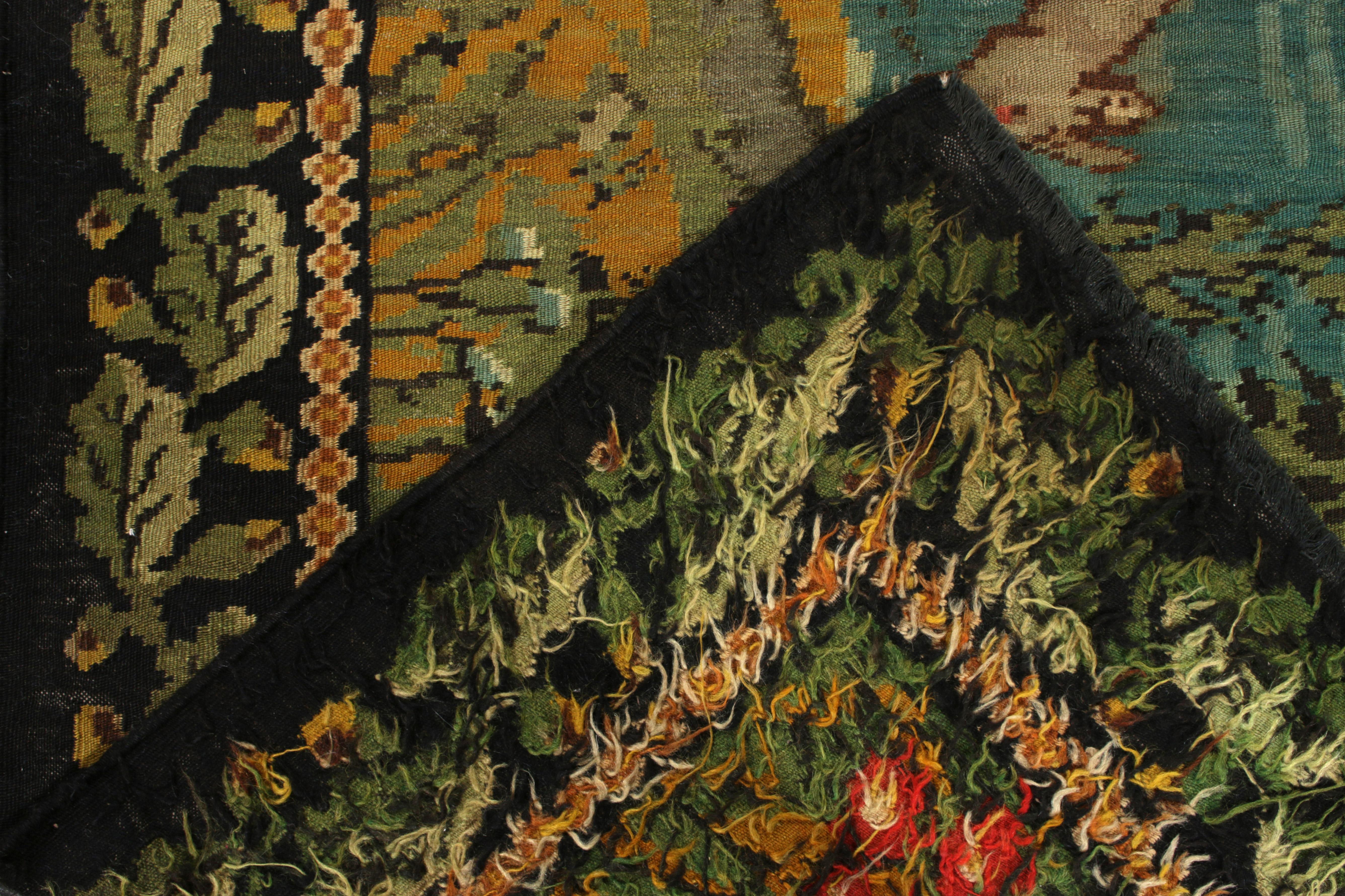 Mid-20th Century Vintage Bessarabian Kilim Rug in Green & Black Pictorial Pattern by Rug & Kilim