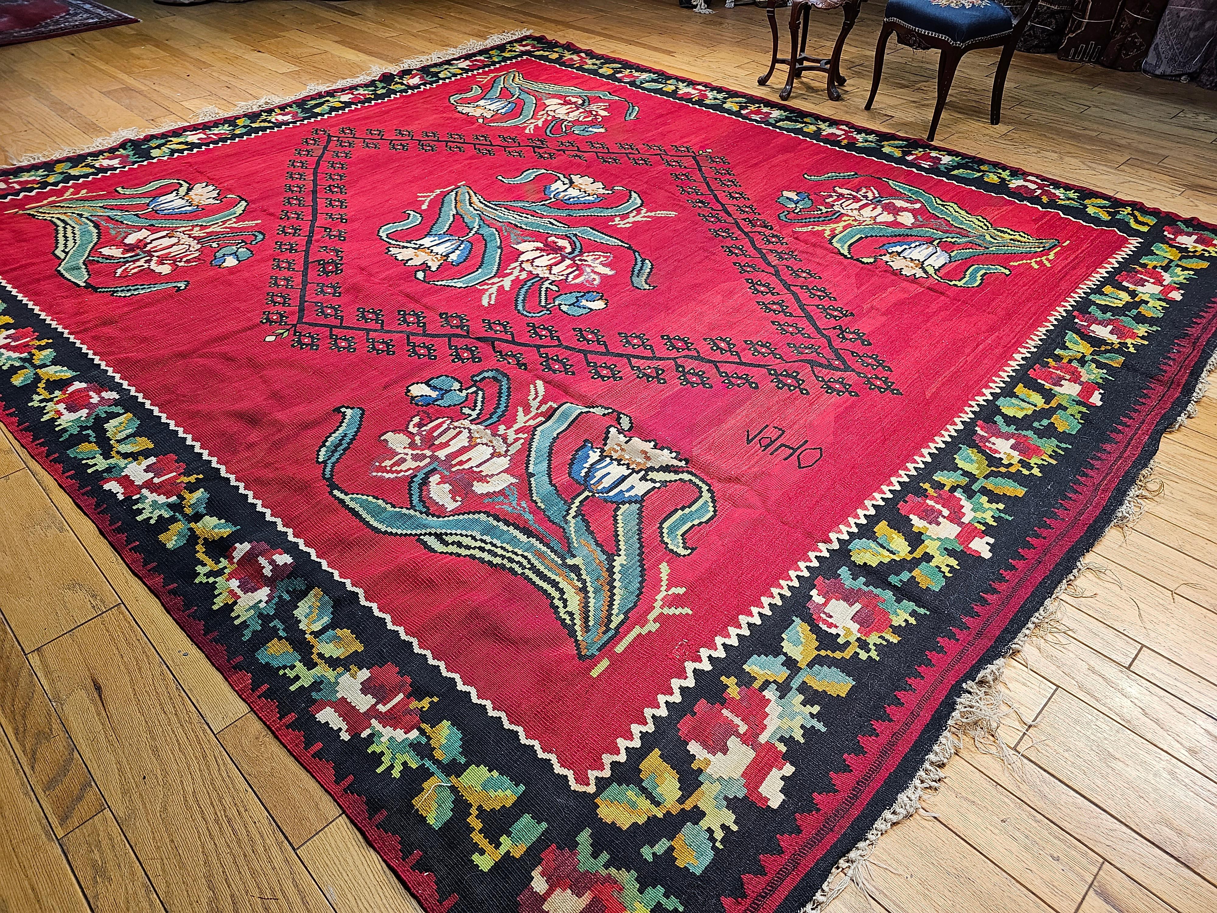 Vintage Bessarabian Kilim with Large Floral Pattern in Red, Black, Green, Blue For Sale 4
