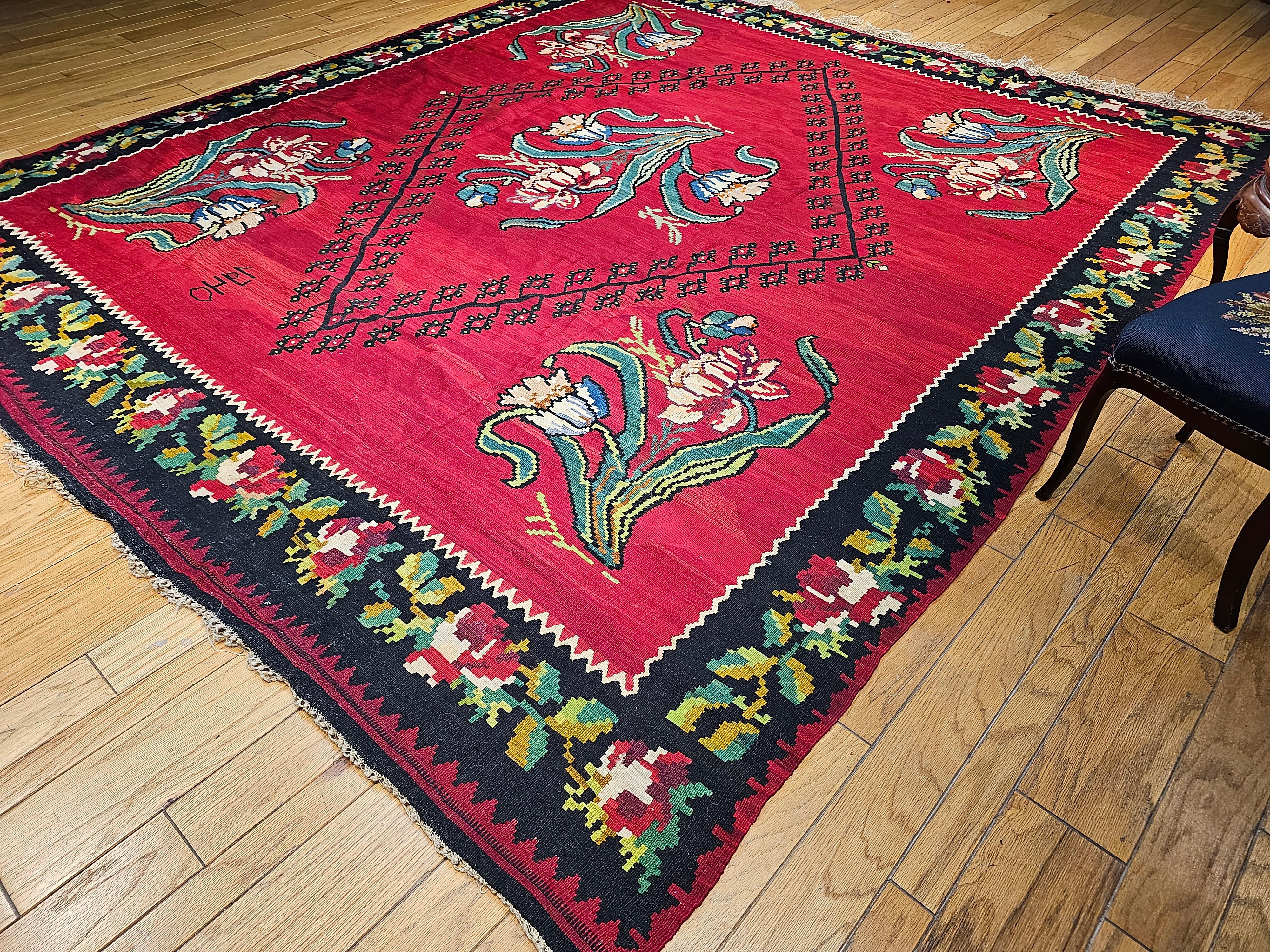 Vintage Bessarabian Kilim with Large Floral Pattern in Red, Black, Green, Blue For Sale 5