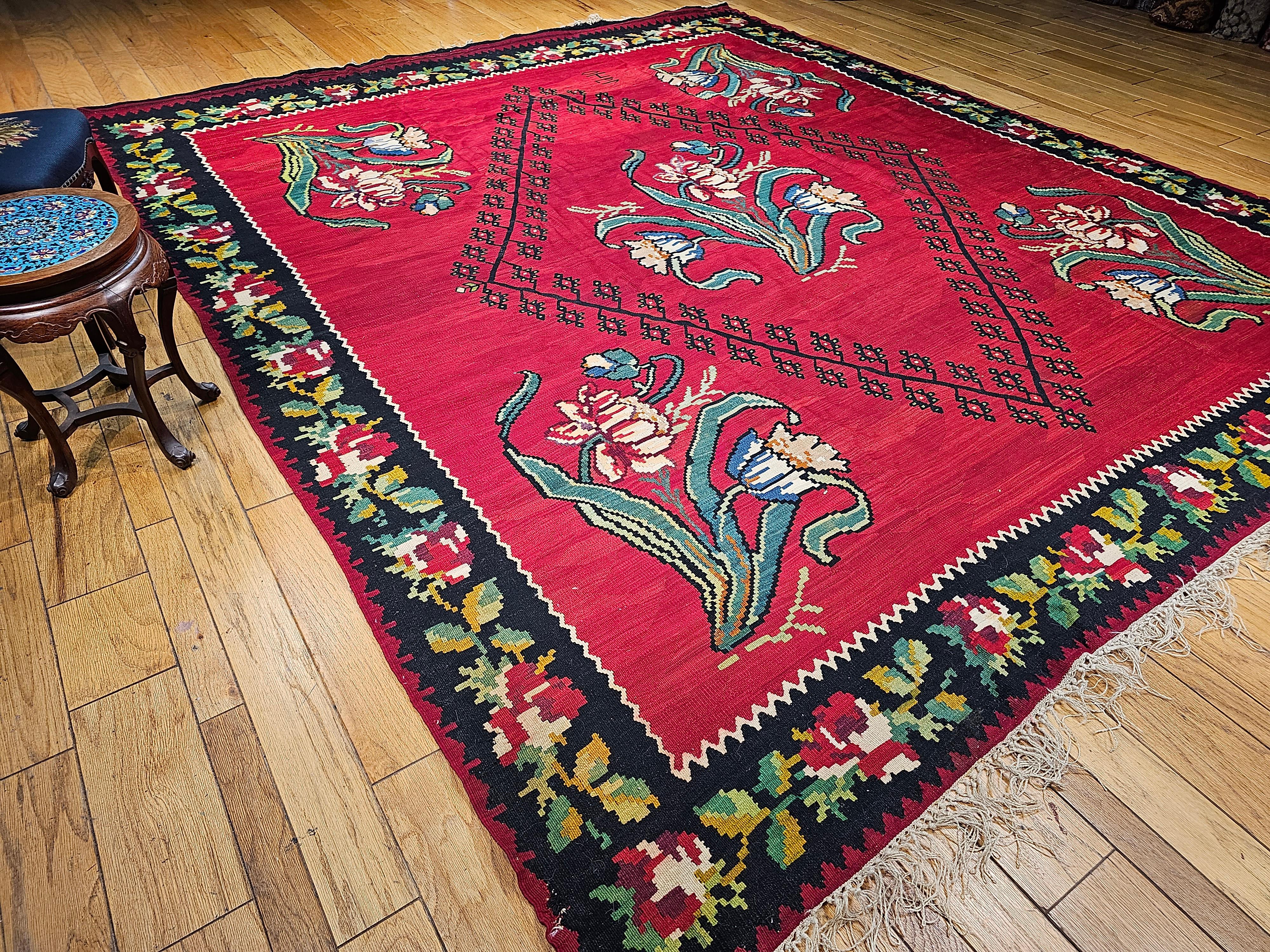 Vintage Bessarabian Kilim with Large Floral Pattern in Red, Black, Green, Blue For Sale 6