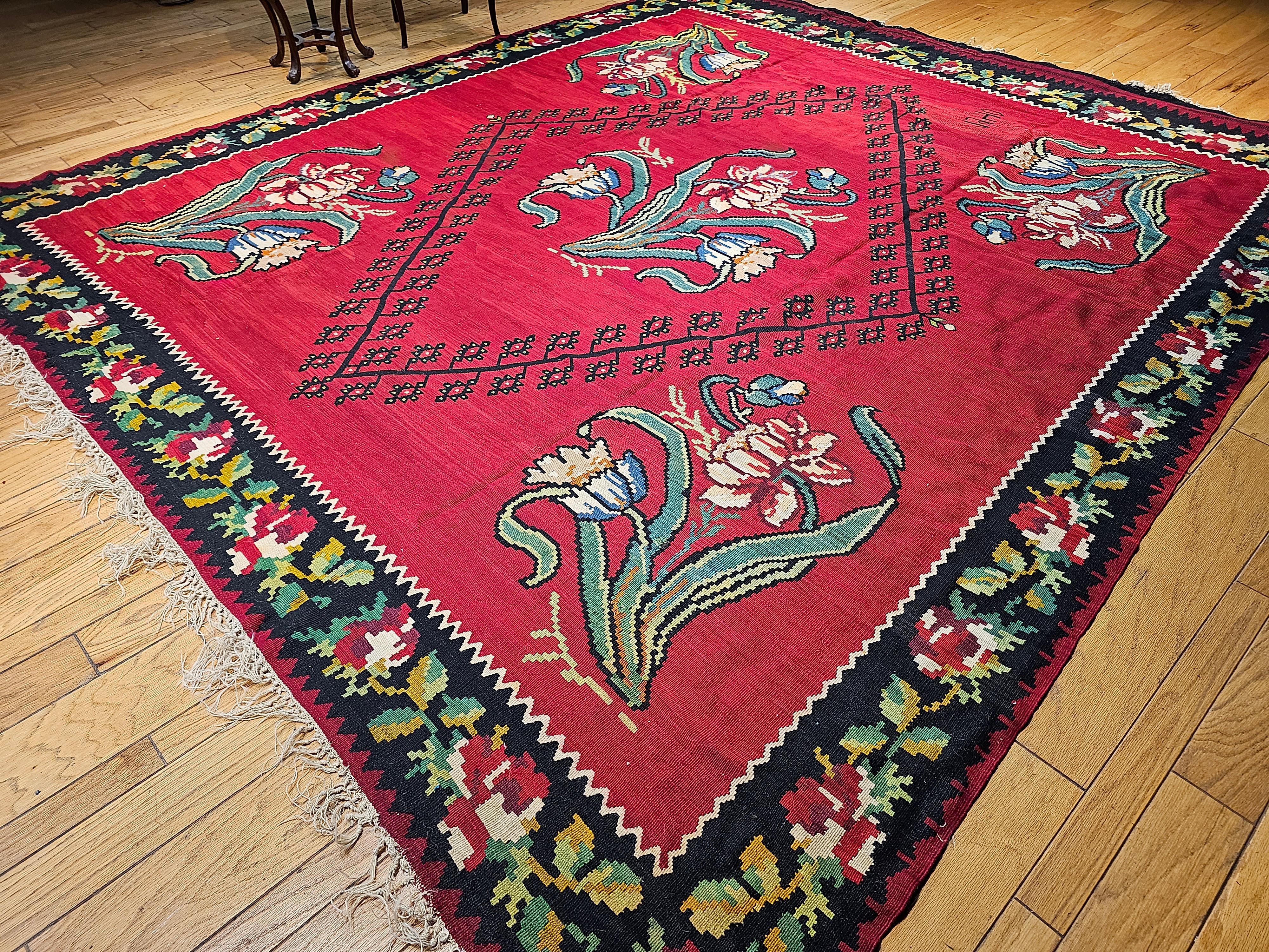 Vintage Bessarabian Kilim with Large Floral Pattern in Red, Black, Green, Blue For Sale 7