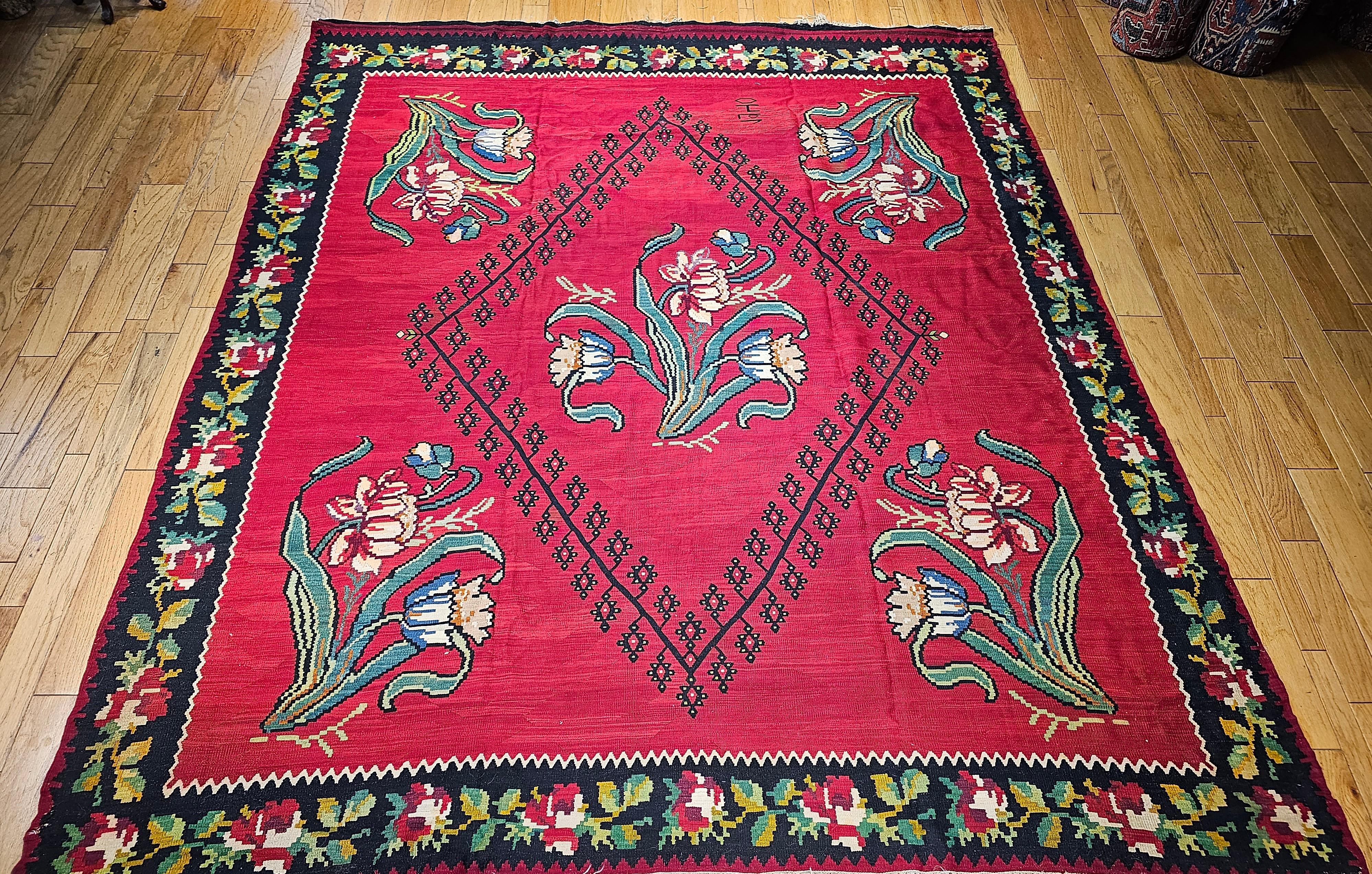 Vintage Bessarabian Kilim with Large Floral Pattern in Red, Black, Green, Blue For Sale 9