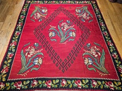 Vintage Bessarabian Turkish Kilim Rug, Handwoven Wool, 1940s Floral