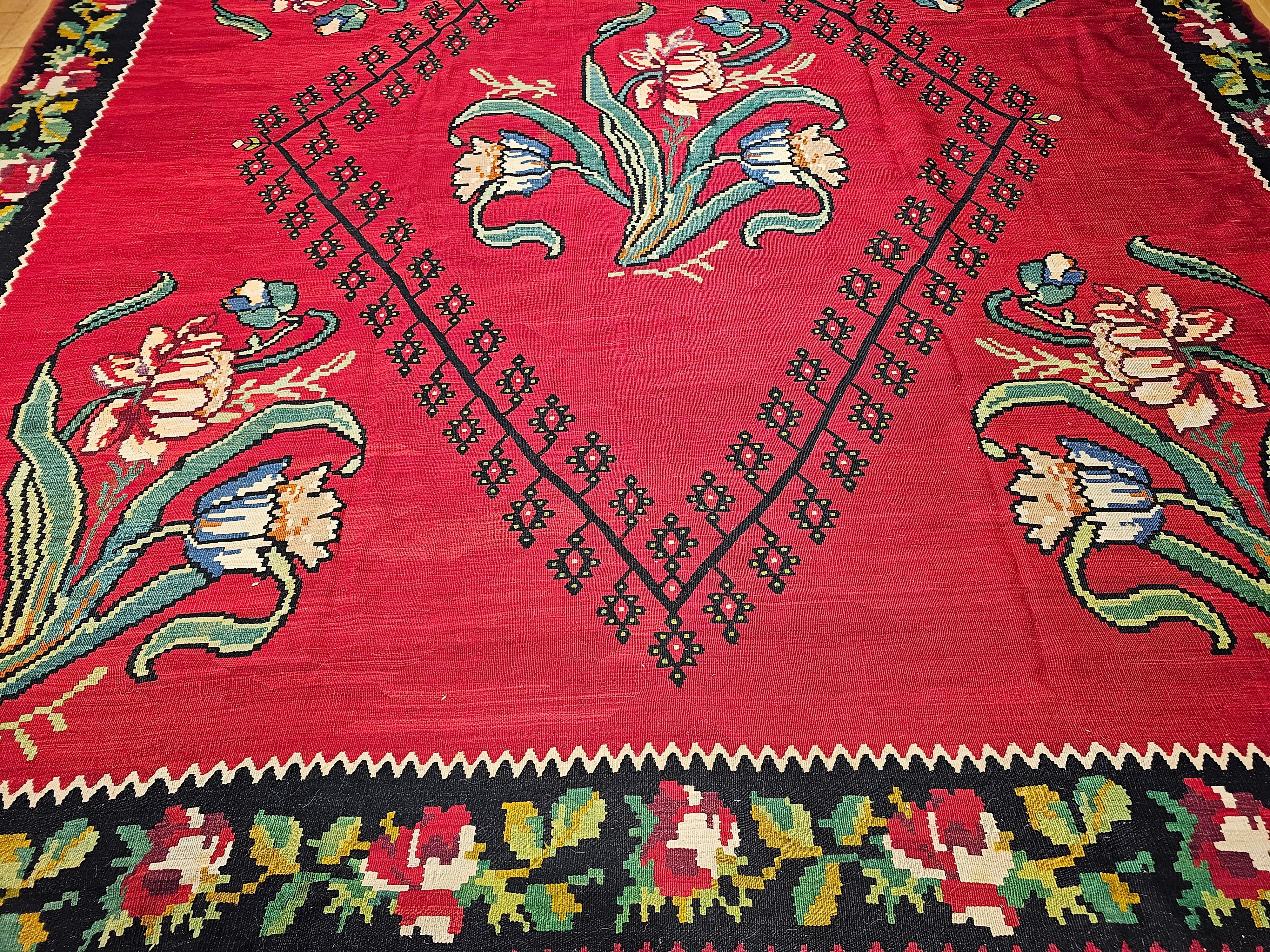 Turkish Vintage Bessarabian Kilim with Large Floral Pattern in Red, Black, Green, Blue For Sale