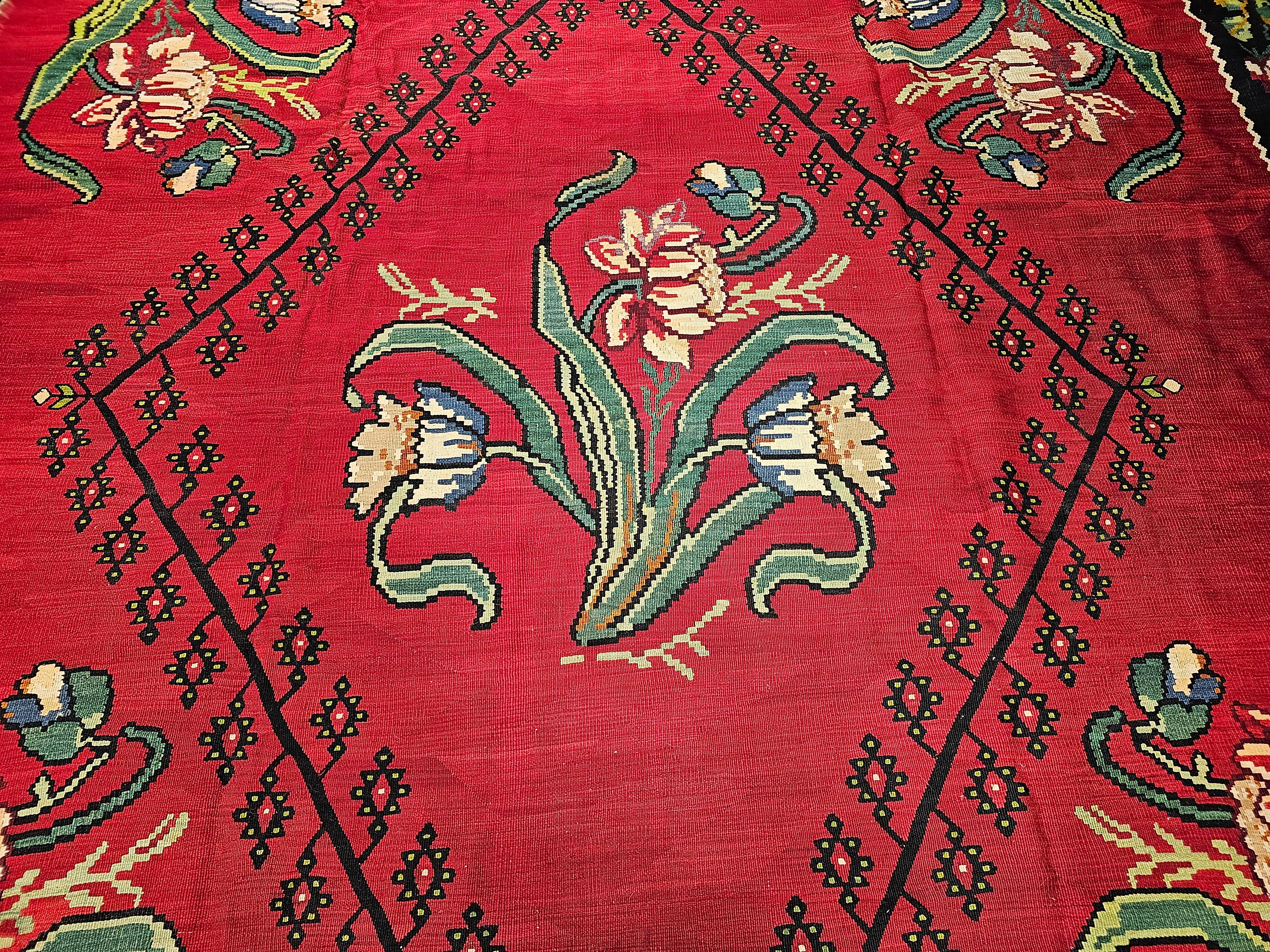 Hand-Woven Vintage Bessarabian Kilim with Large Floral Pattern in Red, Black, Green, Blue For Sale