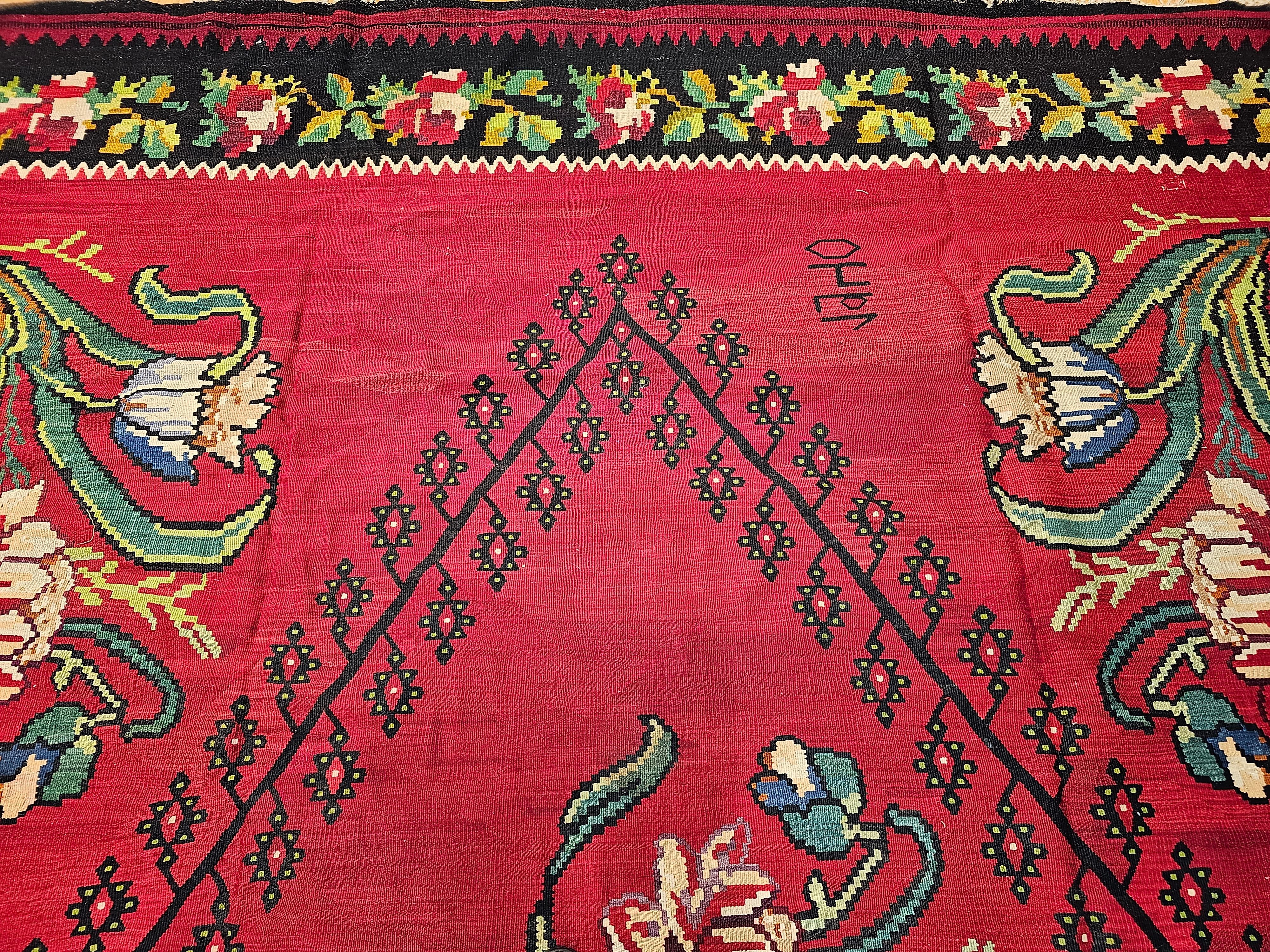 Vintage Bessarabian Kilim with Large Floral Pattern in Red, Black, Green, Blue In Good Condition For Sale In Barrington, IL
