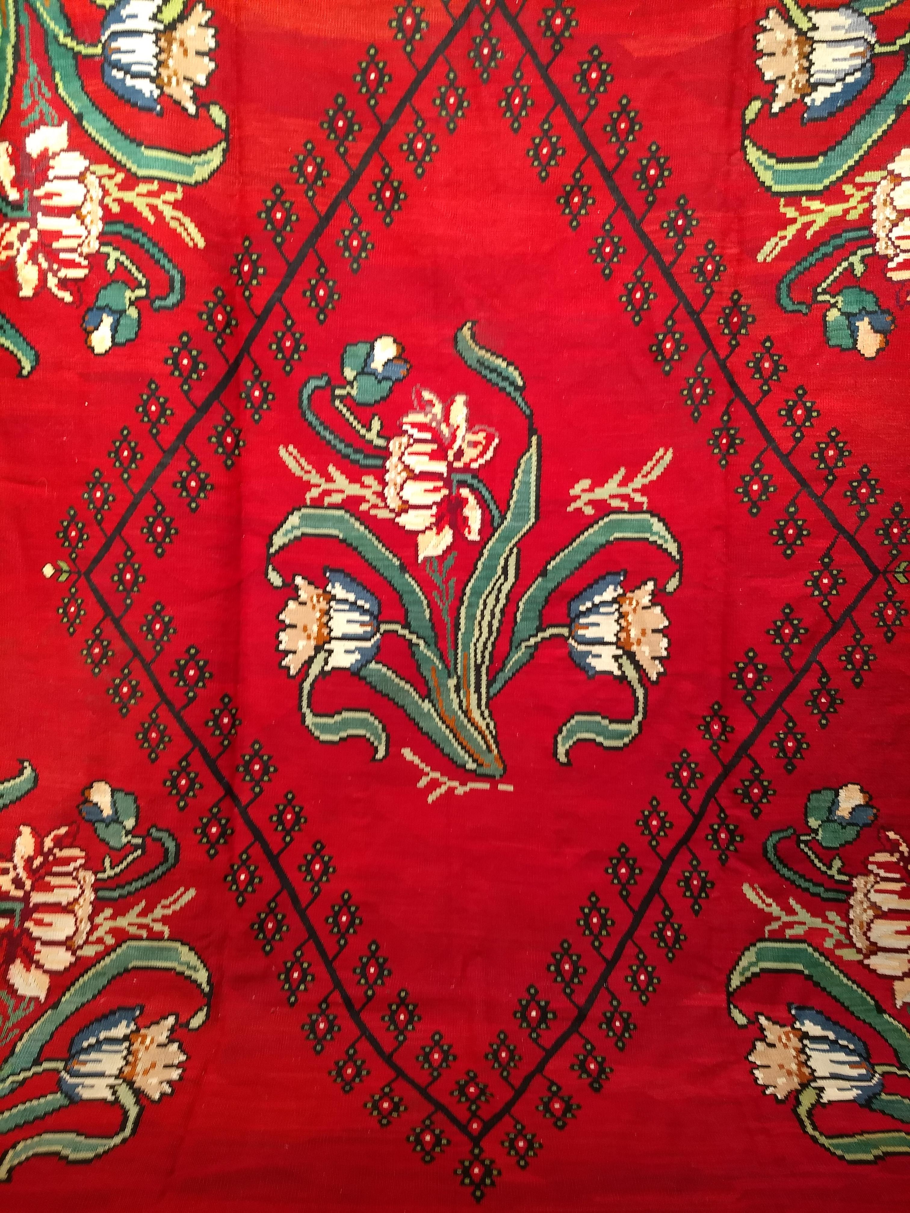20th Century Vintage Bessarabian Kilim with Large Floral Pattern in Red, Black, Green, Blue For Sale