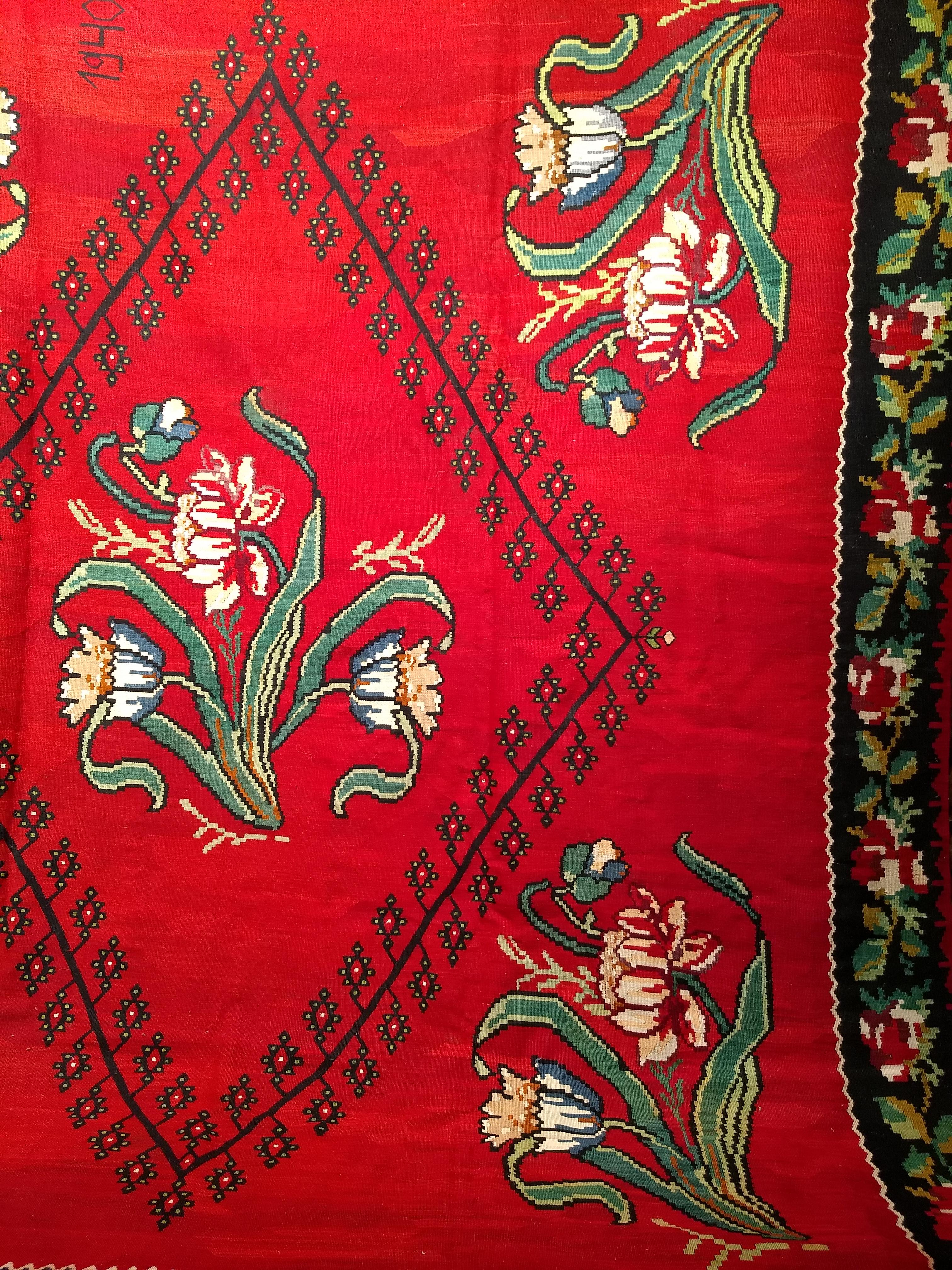 Wool Vintage Bessarabian Kilim with Large Floral Pattern in Red, Black, Green, Blue For Sale