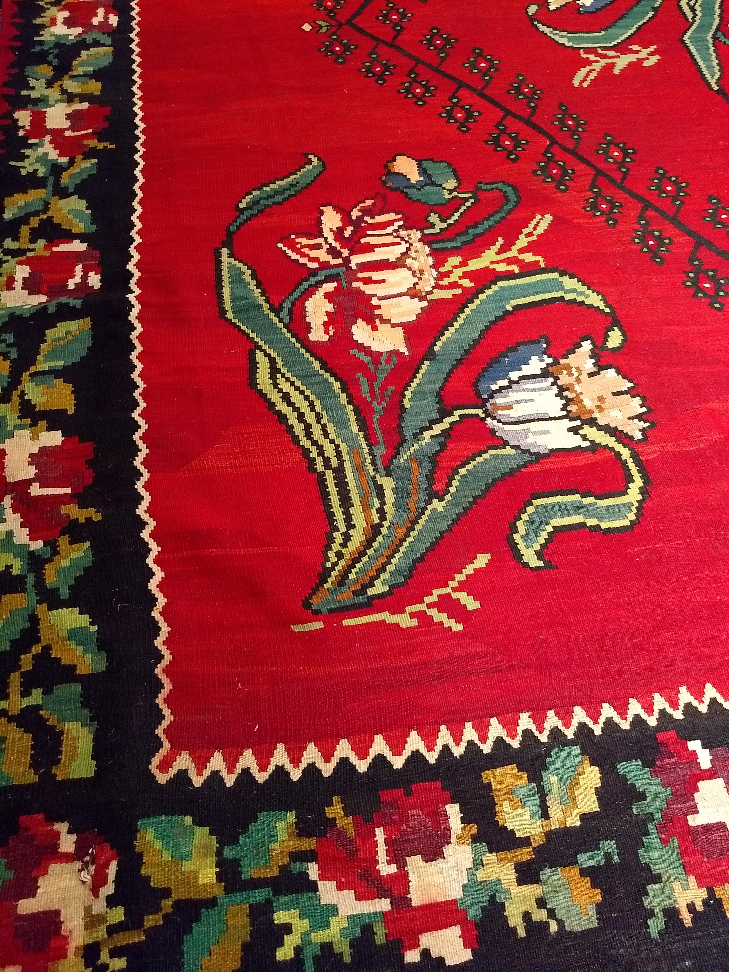 Vintage Bessarabian Kilim with Large Floral Pattern in Red, Black, Green, Blue For Sale 2