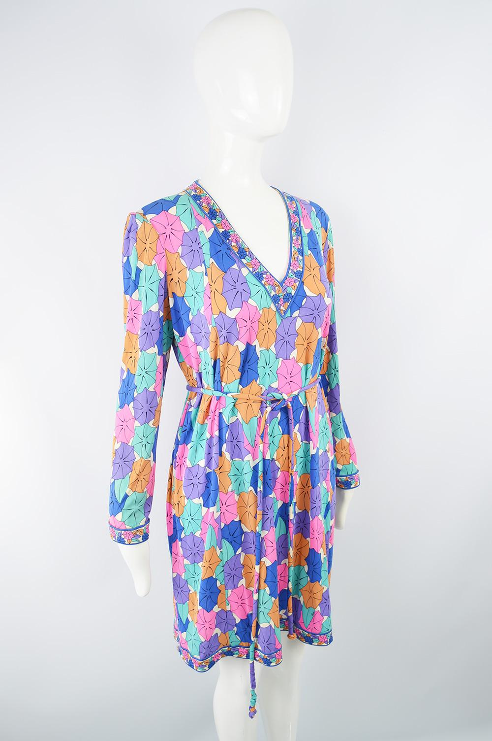 Purple Vintage Bessi Italian Silk Jersey Long Sleeve Belted Dress, 1980s For Sale