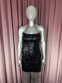 Vintage Betsey Johnson 1990s Black Sequin Mini Dress with PVC Panels and Straps