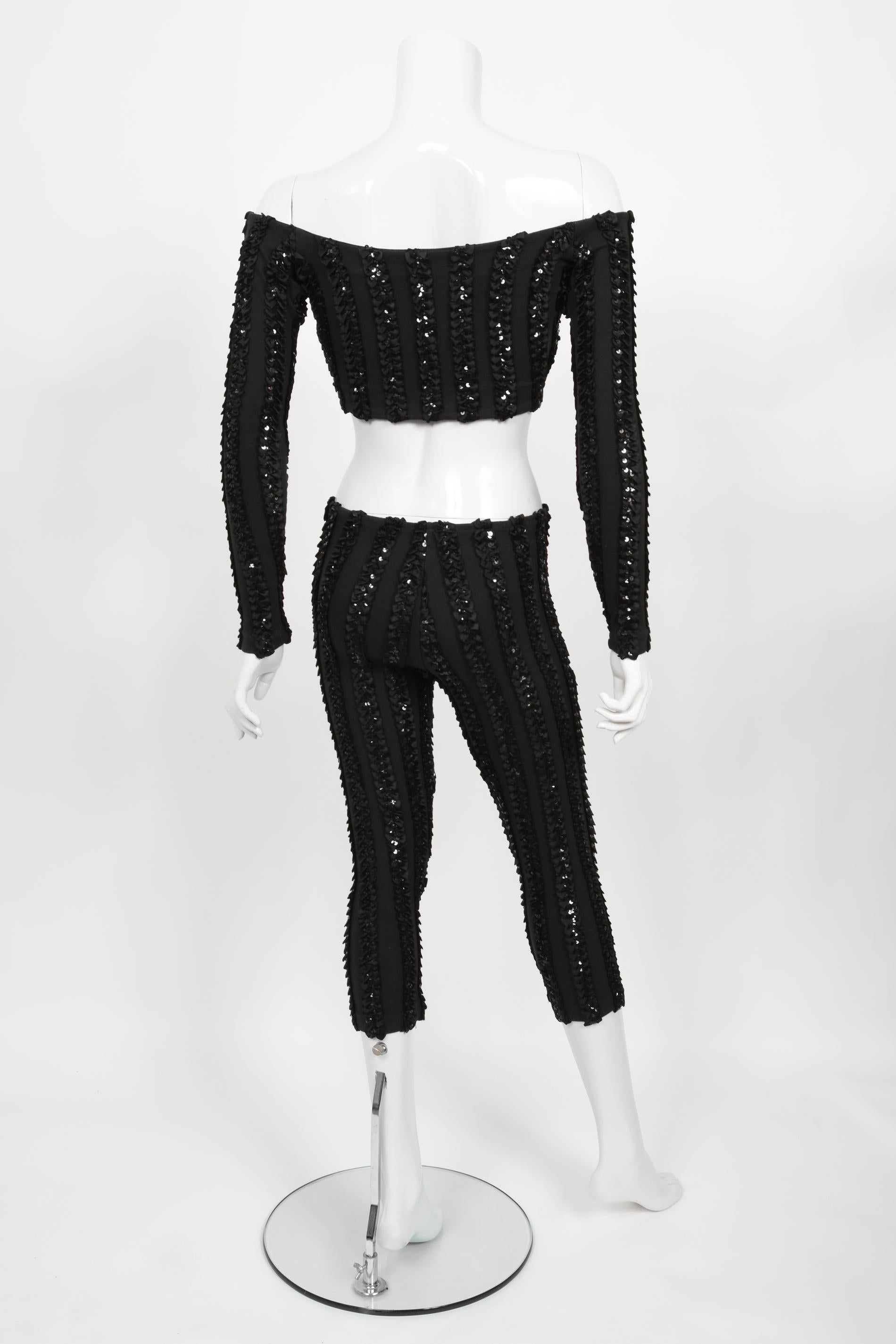 Vintage Betsey Johnson Punk Label Black Sequin Stretch Knit Crop Top & Leggings  For Sale 8