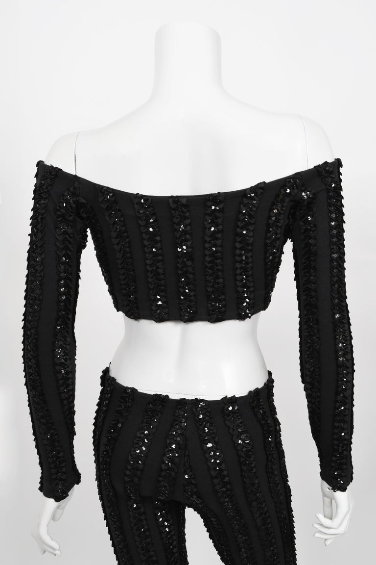 Vintage Betsey Johnson Punk Label Black Sequin Stretch Knit Crop Top and  Leggings For Sale at 1stDibs