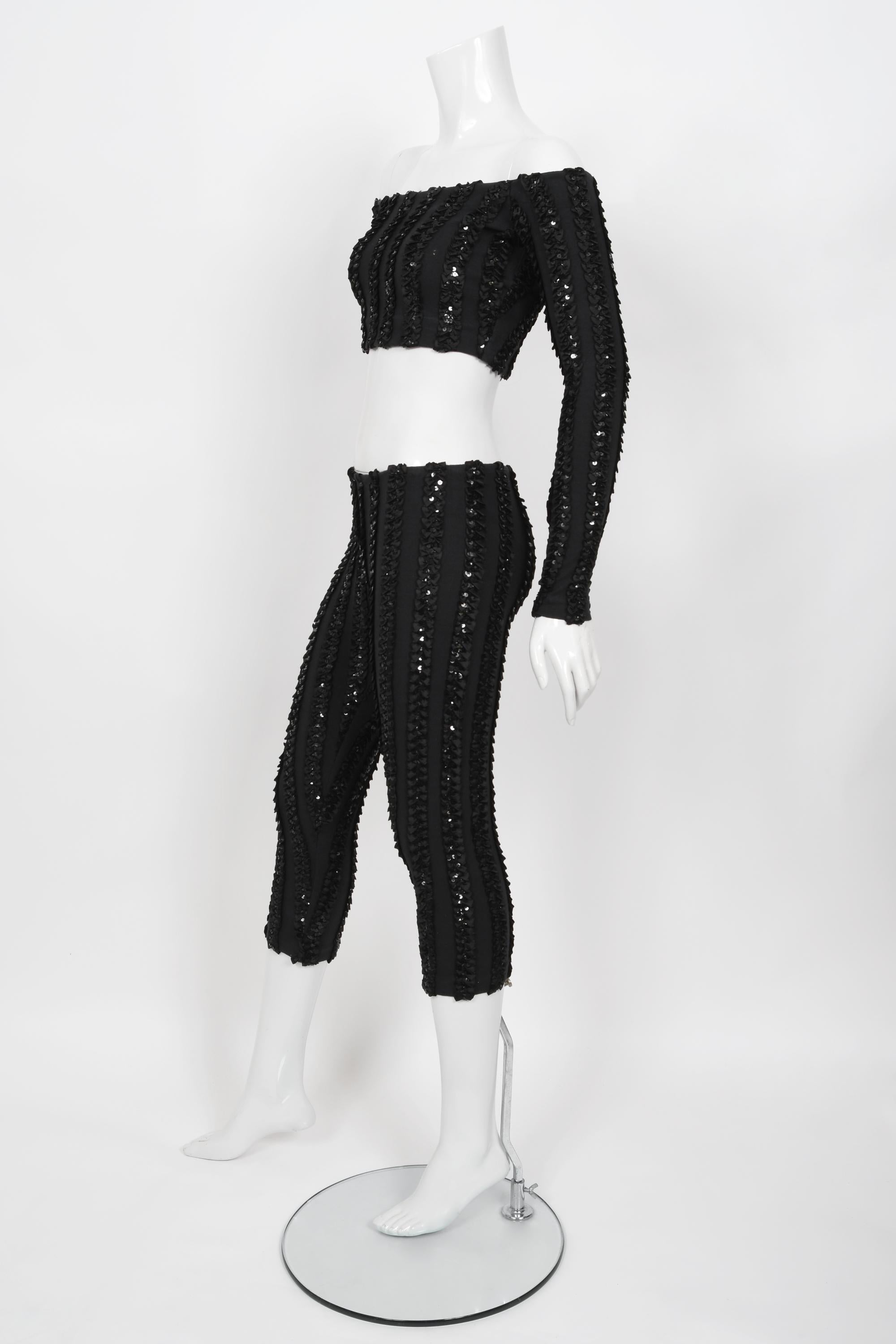 Vintage Betsey Johnson Punk Label Black Sequin Stretch Knit Crop Top & Leggings  For Sale 1
