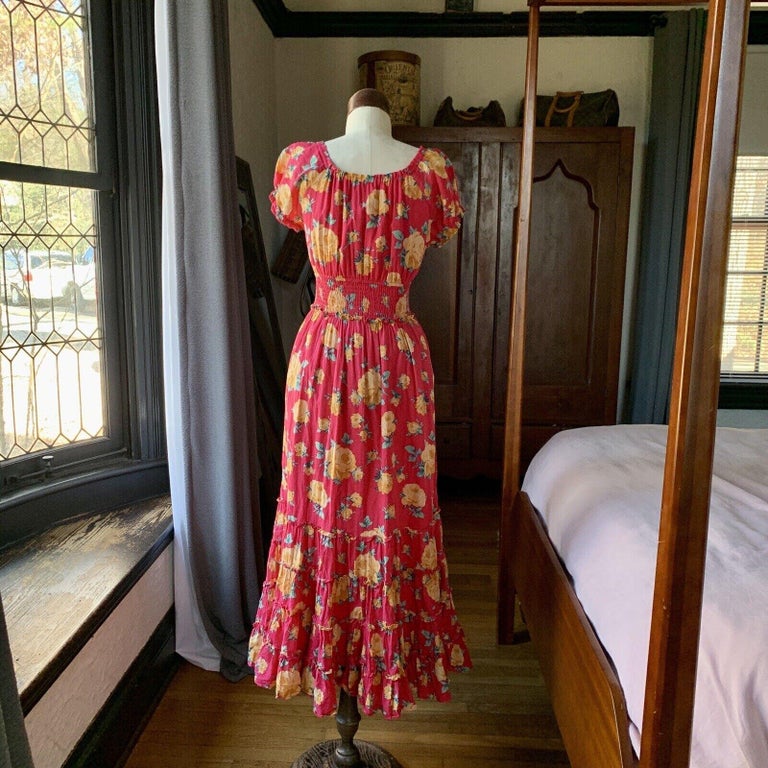 Vintage BETSEY JOHNSON Y2K Pink Label Floral Roses Cotton Maxi Dress MEDIUM  at 1stDibs