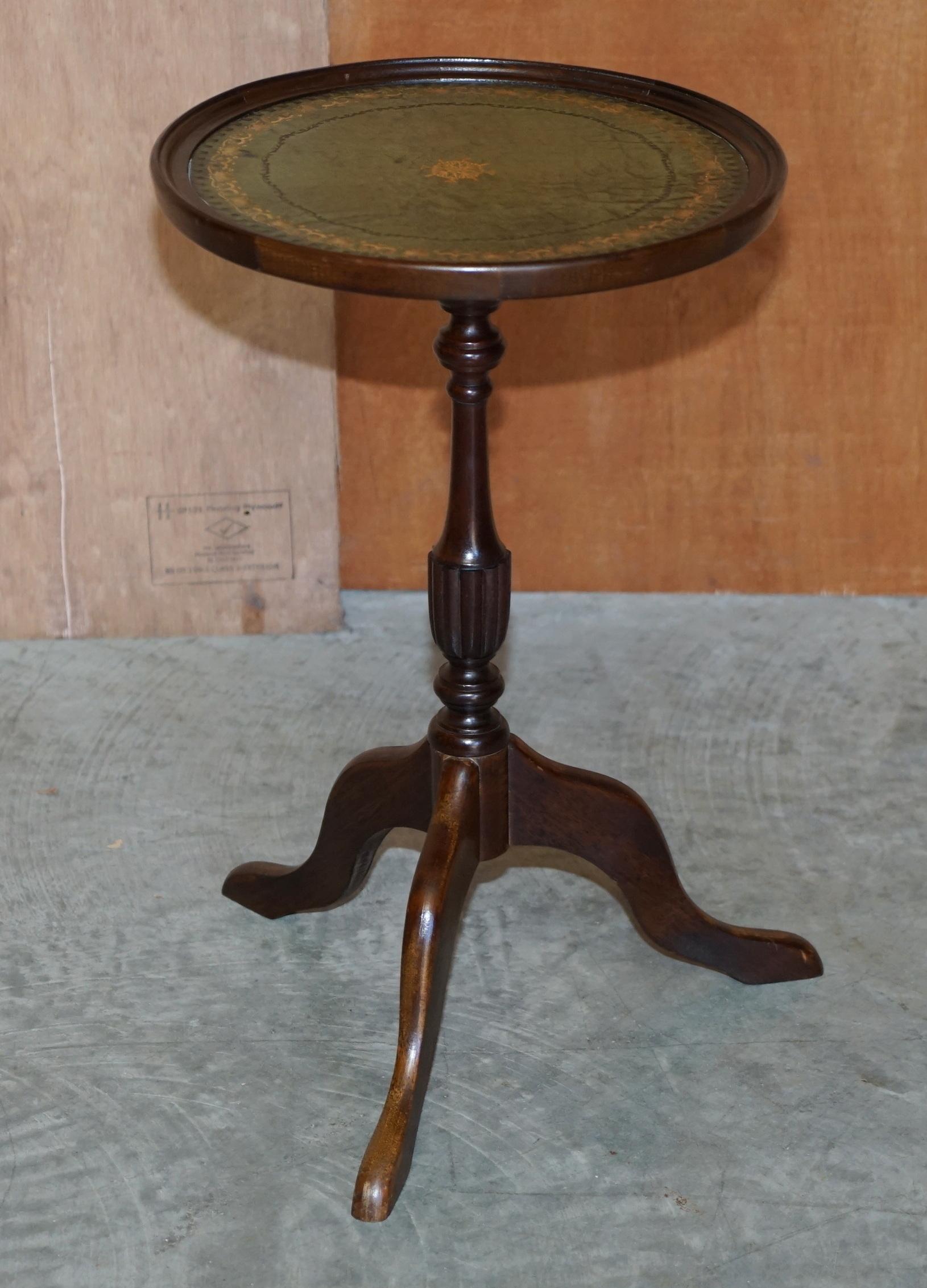 Victorian Vintage Bevan Funell Green Leather Vintage Hardwood Tripod Lamp Side End Tables