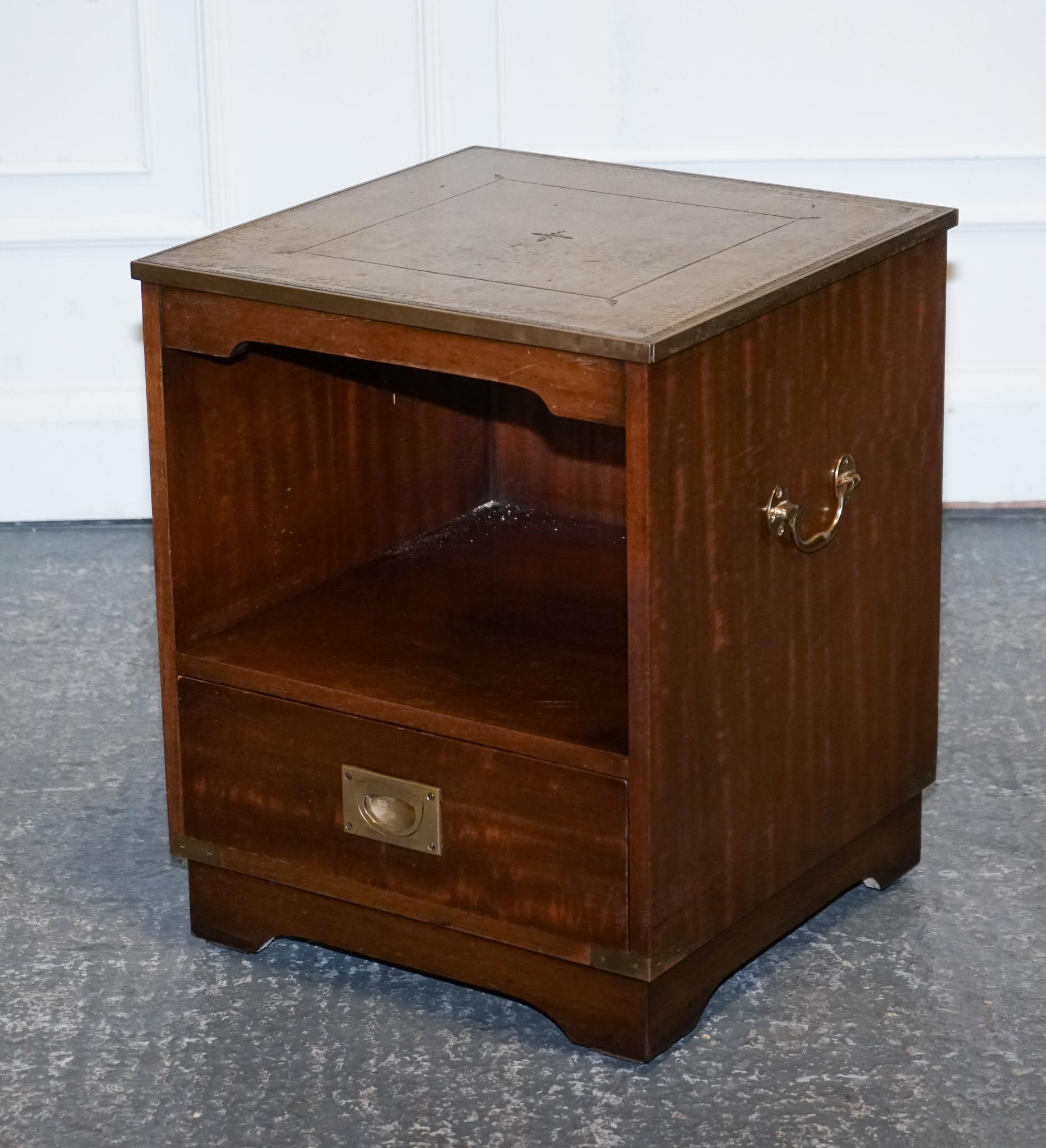 Hand-Crafted VINTAGE BEVAN FUNELL MILITARY CAMPAIGN BEDSIDE TABLE NiGHTSTAND LEATHER TOP For Sale