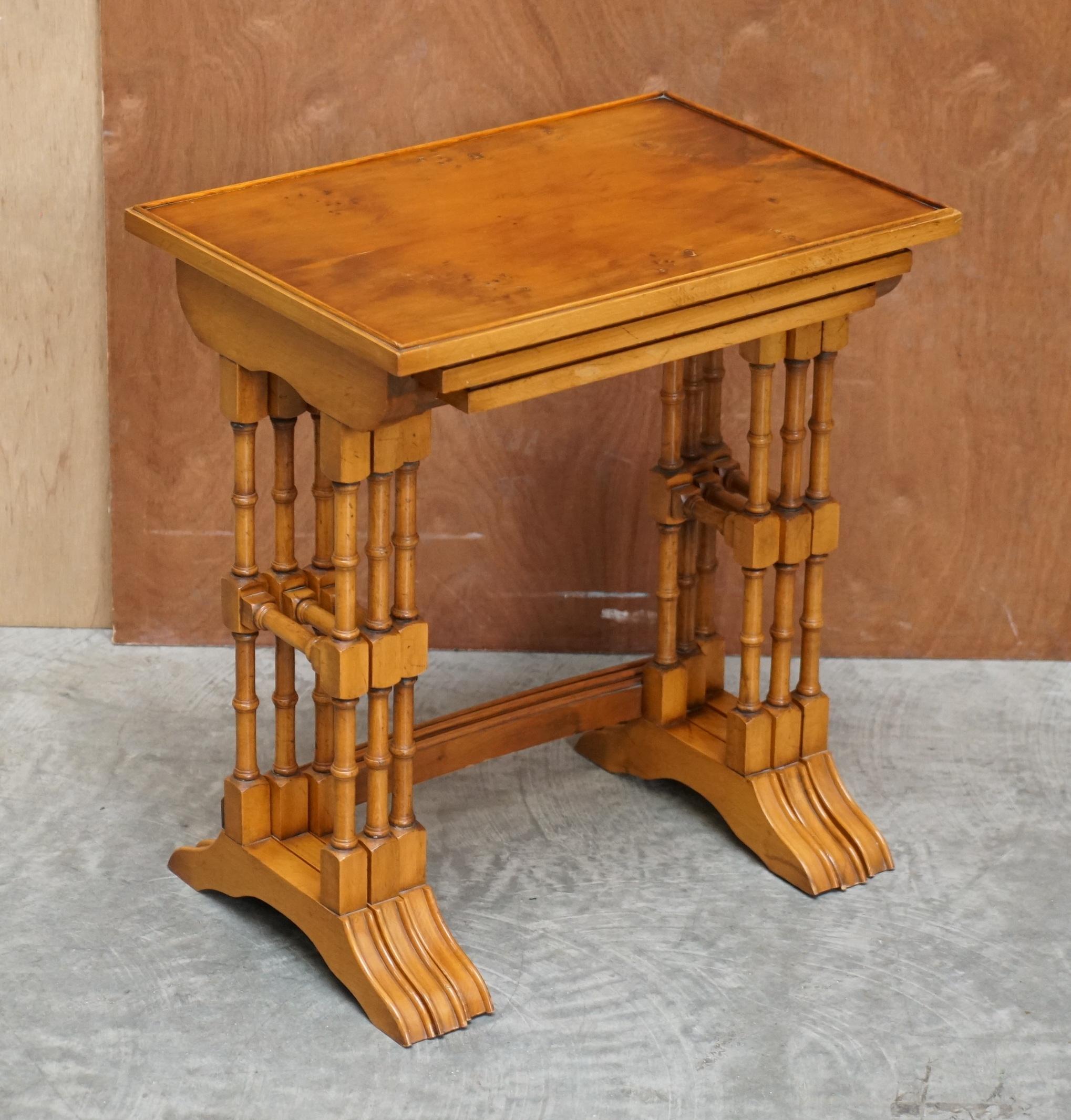 We are delighted to offer for sale this lovely vintage Bevan Funnell Burr Yew Wood nest of tables which is part of a suite

I have listed under my other items the matching extending coffee table and another oval coffee table

A good looking,