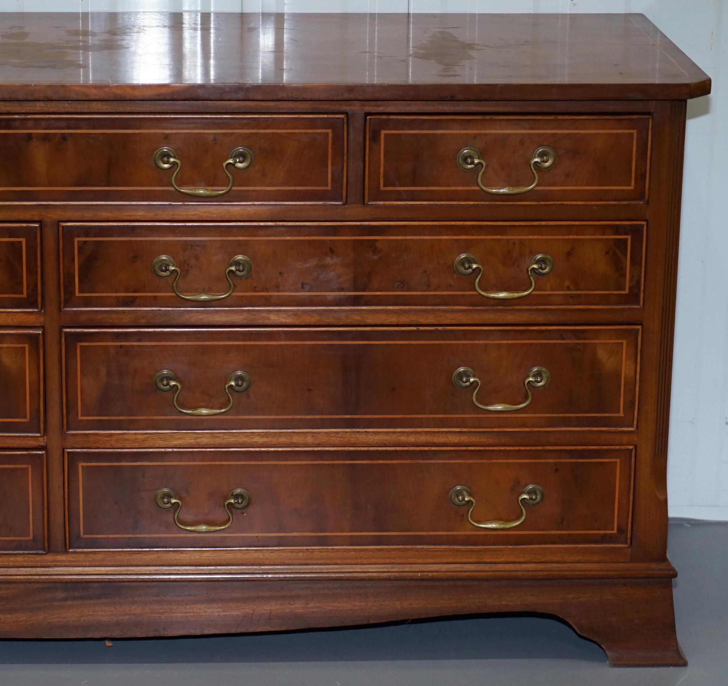 English Vintage Bevan Funnell Burr Yew Wood Large Sideboard Sized Bank Chest of Drawers