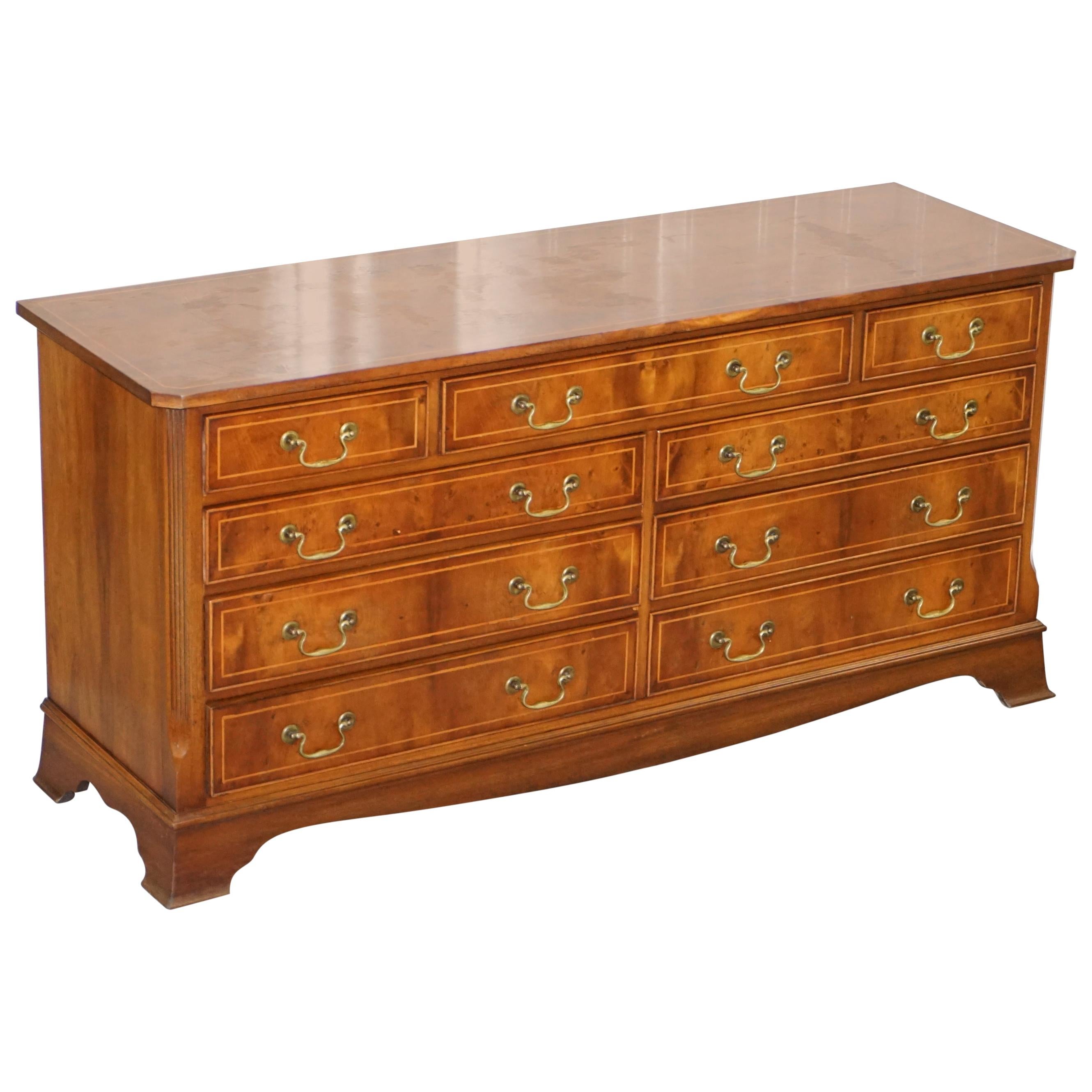 Vintage Bevan Funnell Burr Yew Wood Large Sideboard Sized Bank Chest of Drawers