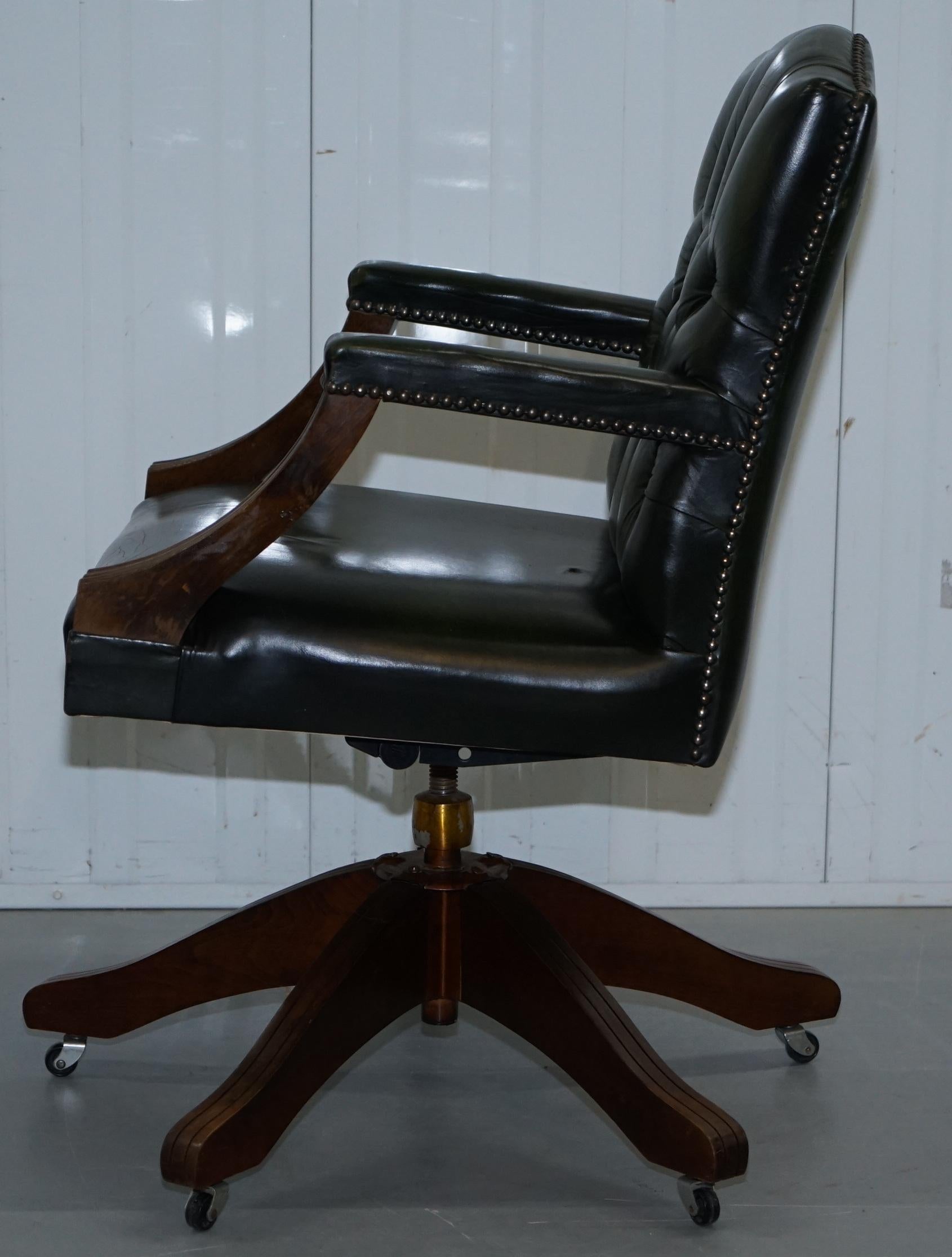 Vintage Bevan Funnell Directors Green Leather Chesterfield Captains Office Chair 10