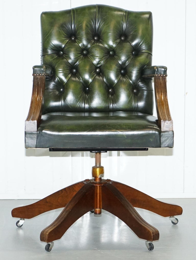 Vintage Bevan Funnell Directors Green Leather Chesterfield Captains