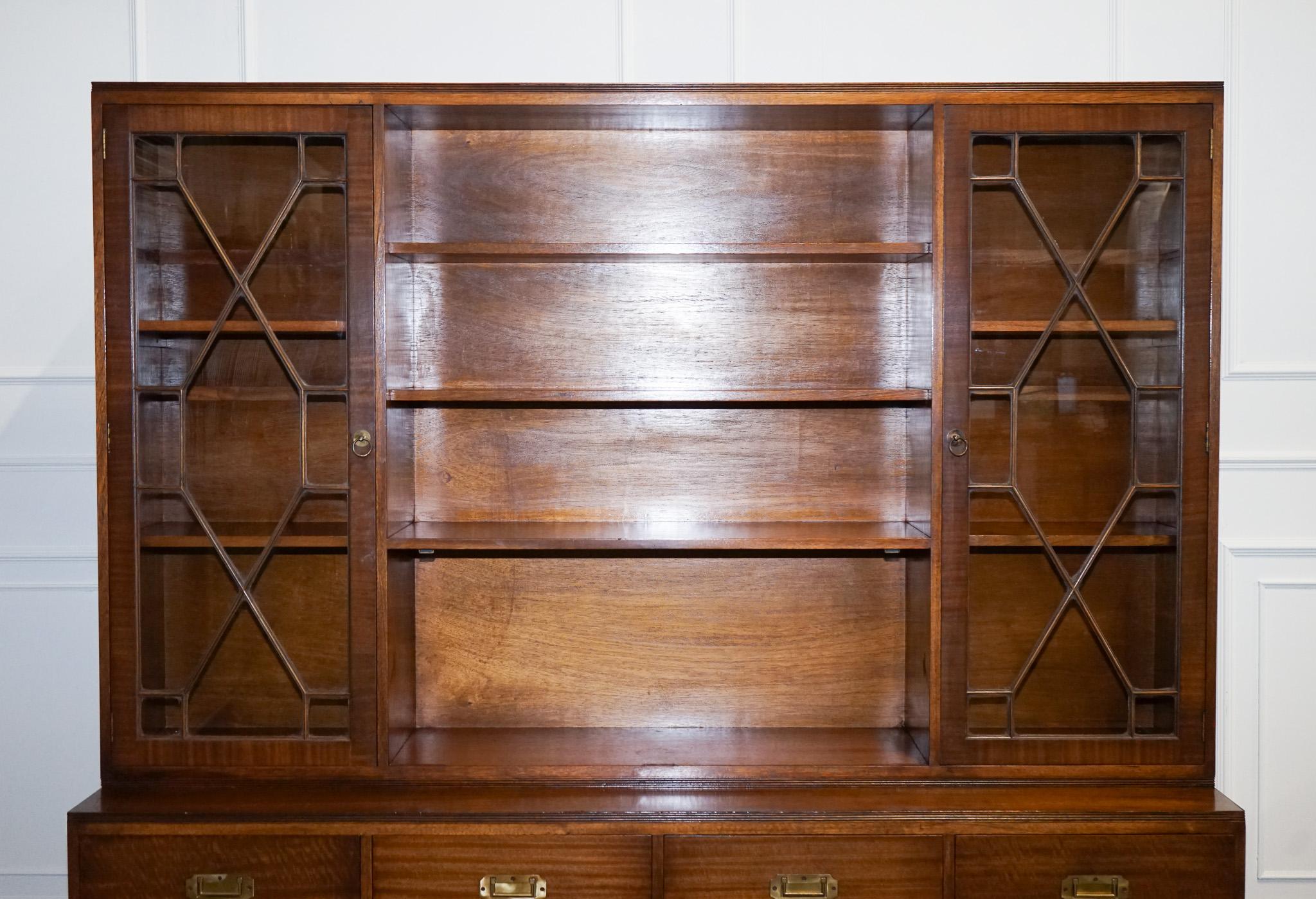Hand-Crafted Vintage Bevan Funnell Military Campaign Bookcase with Embossed Leather Doors For Sale