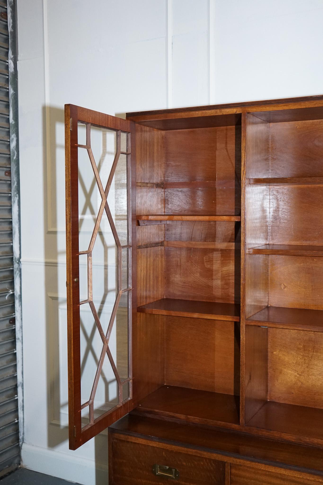 Hardwood Vintage Bevan Funnell Military Campaign Bookcase with Embossed Leather Doors For Sale