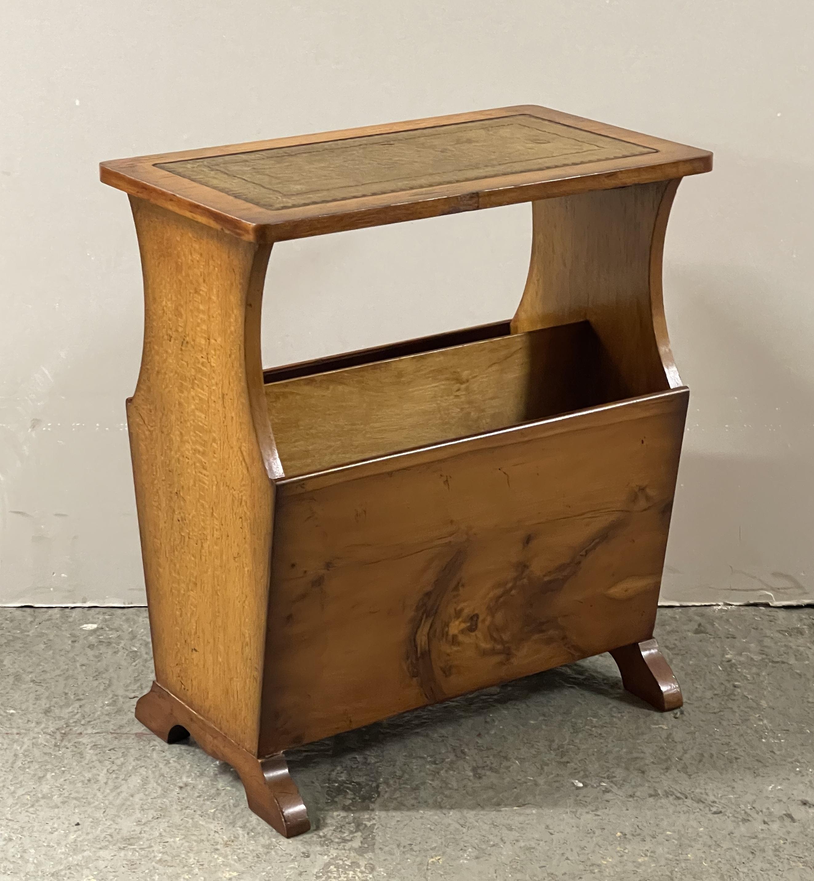 20th Century Vintage Bevan Funnell Yew Wood and Green Leather Top Magazine Rack Side Table