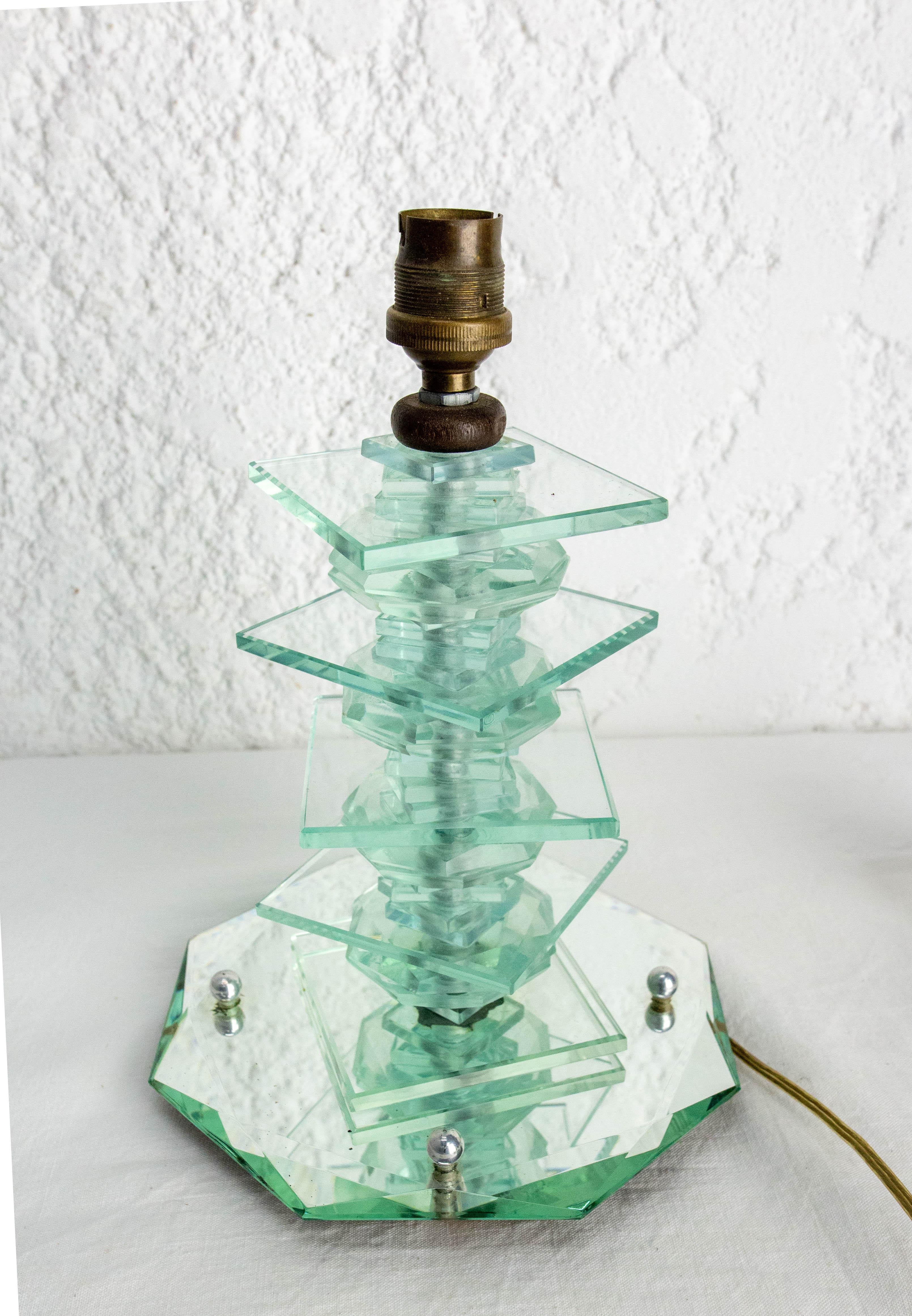 Lámpara de mesa vintage de cristal y espejo biselado, circa 1960 Francés en venta