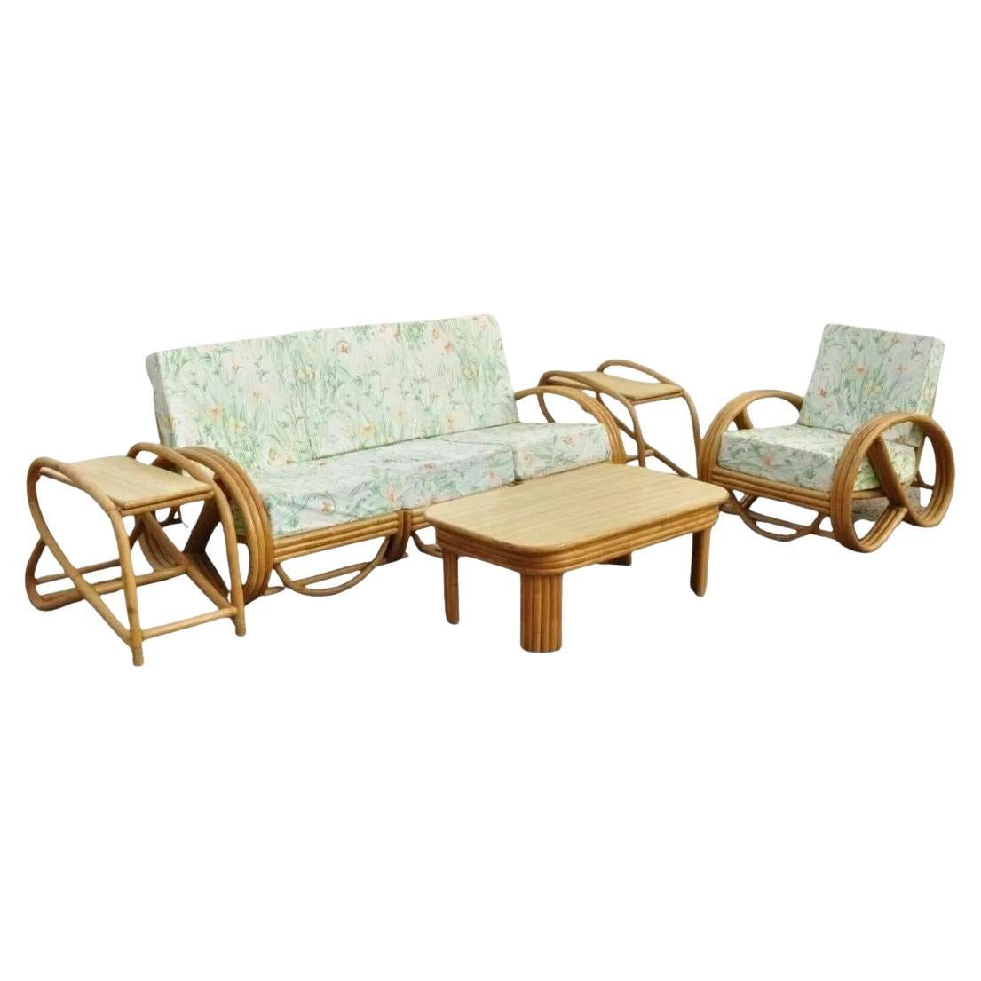 Vintage Beverly Hills Rattan Bamboo Pretzel Sunroom Living Room Sofa Set - 5 Pcs
