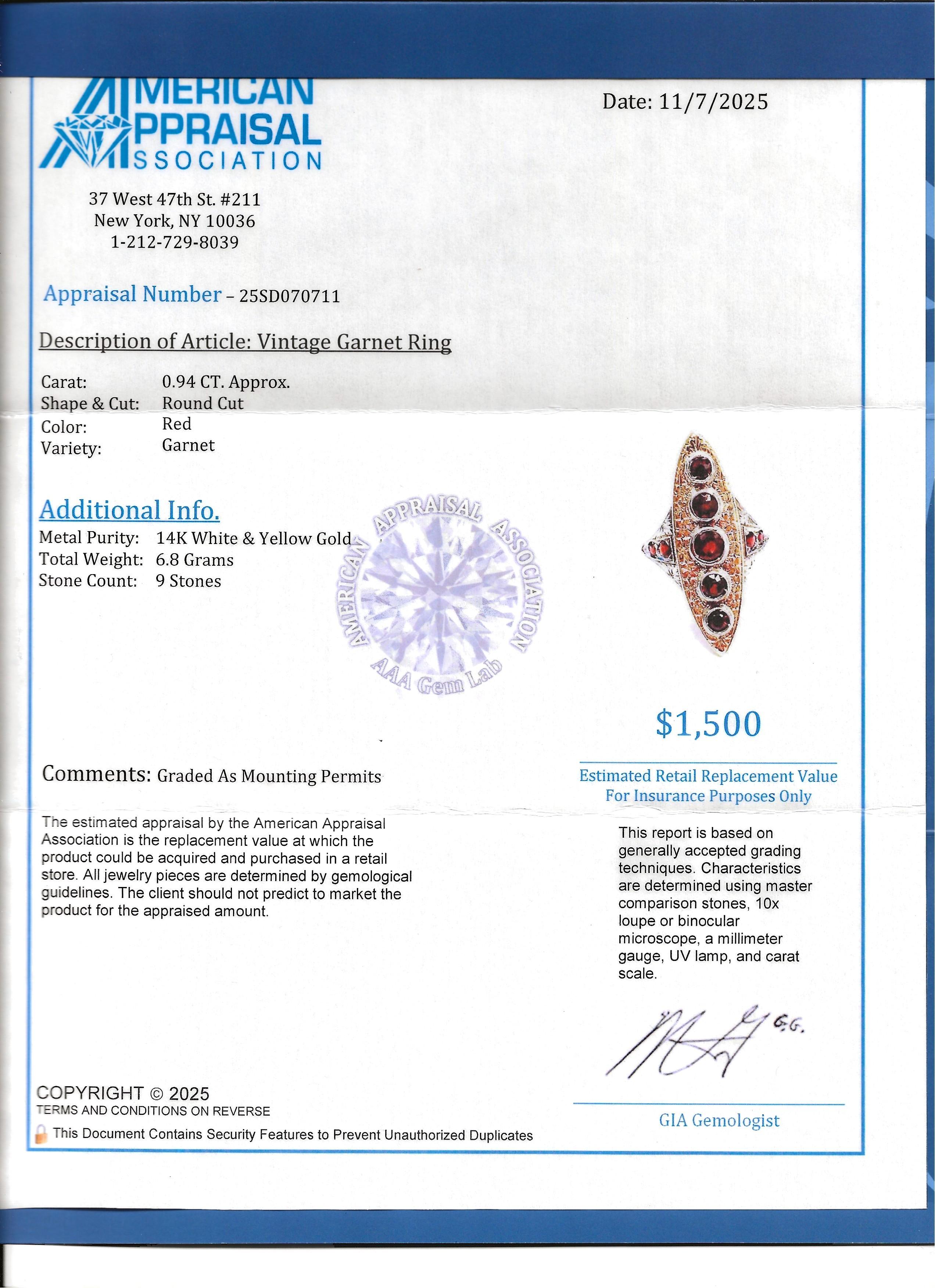 Vintage Lünette Set Granat Navette Ring in 14 Karat Weiß-und Gelbgold im Angebot 4