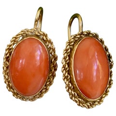 Vintage Bezel Set Salmon Coral Cabochon 18 Karat Yellow Gold Lever Back Earrings