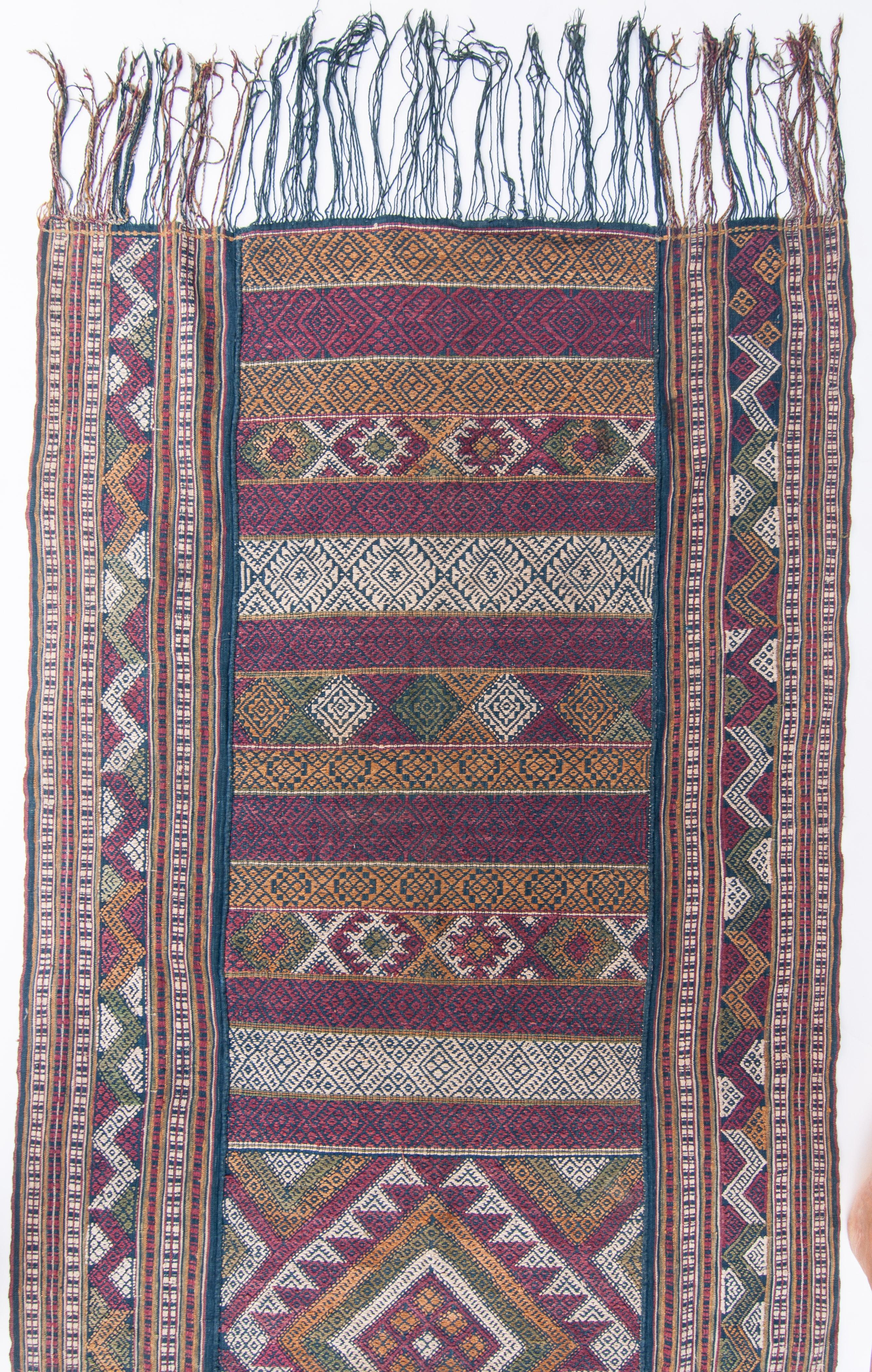 Vintage Bhutanese ceremonial wild silk textile on hand spun cotton ground. Chagsi Pangkheb, early 20th century.
This type of textile was reserved for special occasions and for persons of high stature. This piece incorporates geometric, floral and