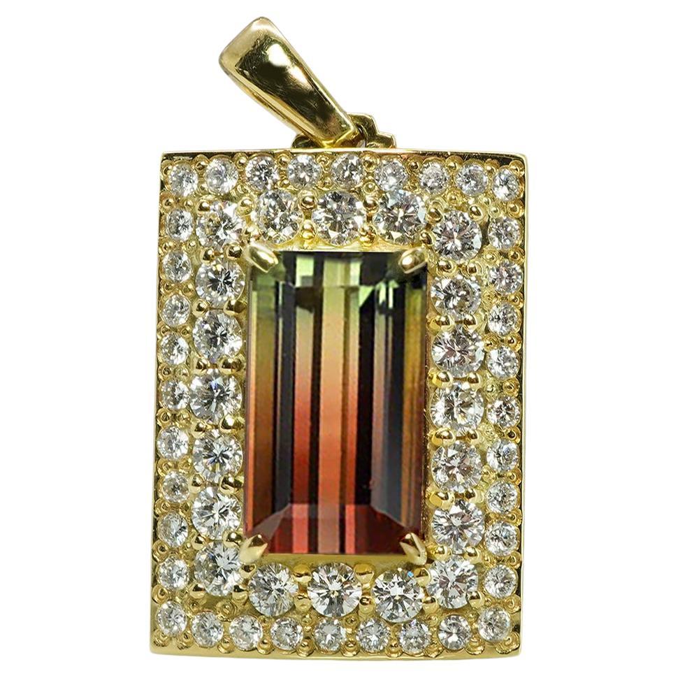 Pendentif vintage en or jaune 18K avec tourmaline bicolore et diamant Pastèque Estate