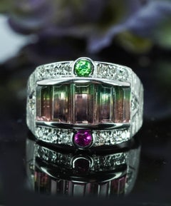 Vintage Bi-color Tourmaline Diamond Ring Platinum Pink Green Watermelon HEAVY
