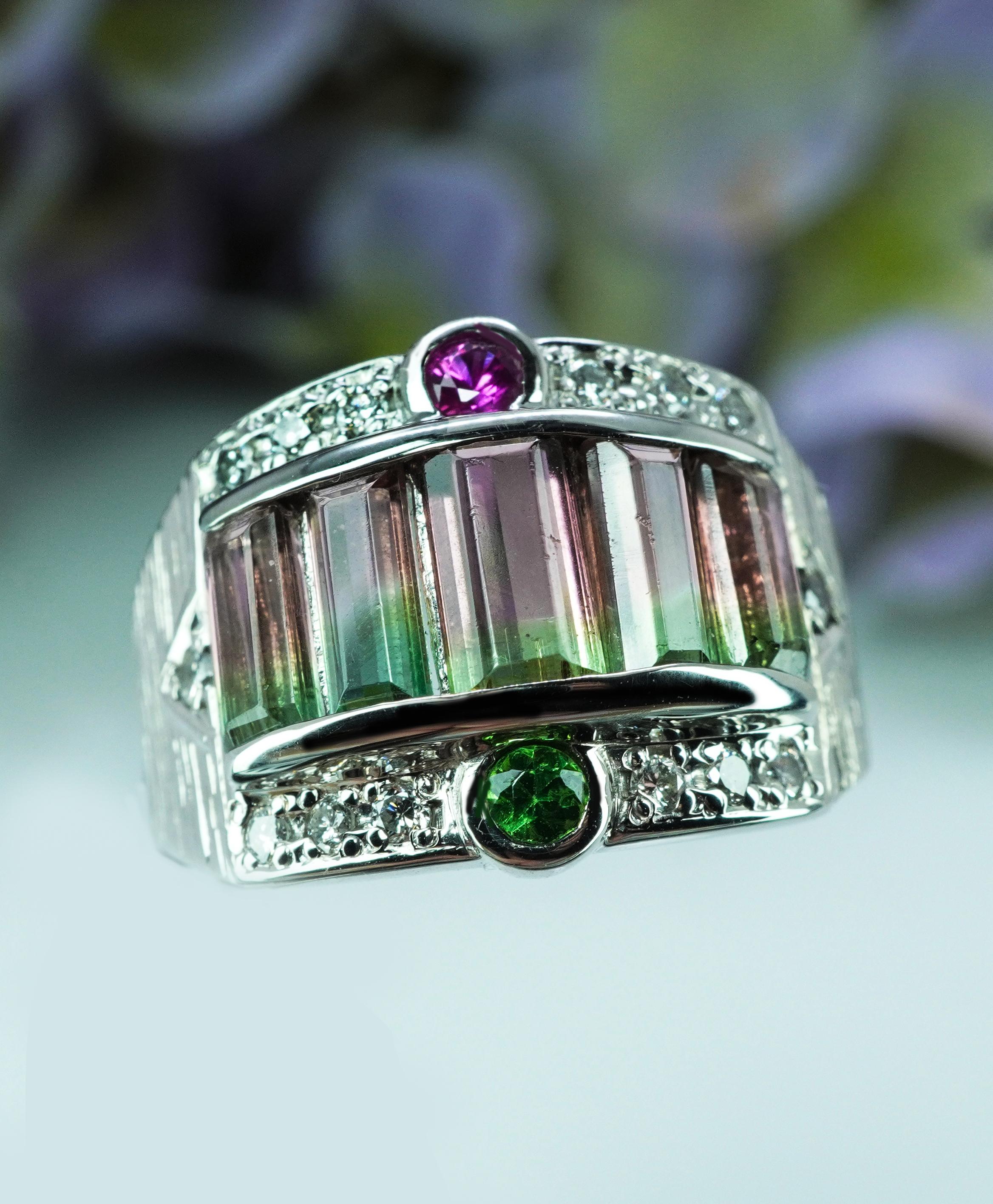 Vintage Zweifarbiger Turmalin-Diamant-Ring Platin Rosa Grün Wassermelone HEAVY im Zustand „Gut“ im Angebot in Brambleton, US