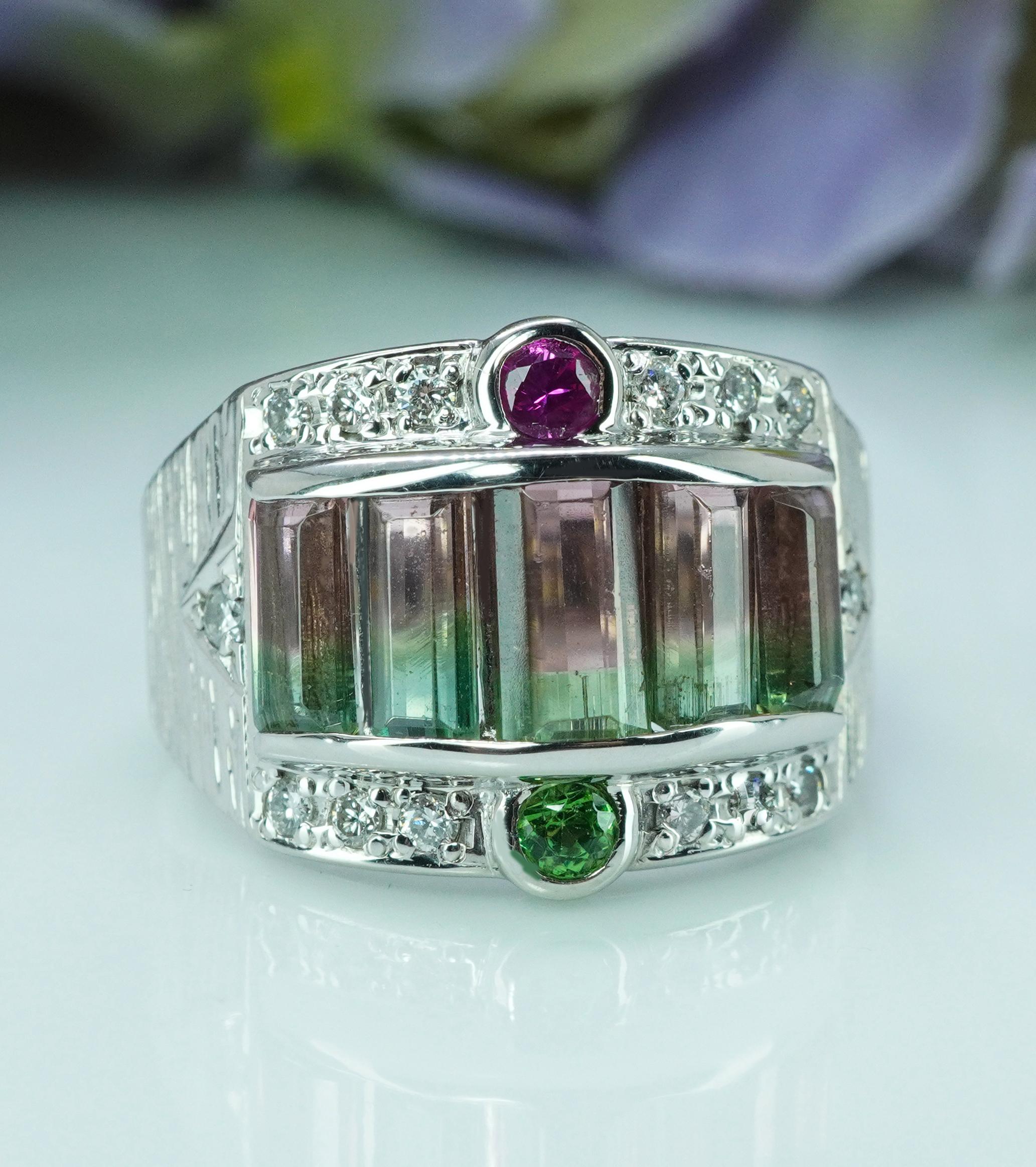 Vintage Zweifarbiger Turmalin-Diamant-Ring Platin Rosa Grün Wassermelone HEAVY Damen im Angebot