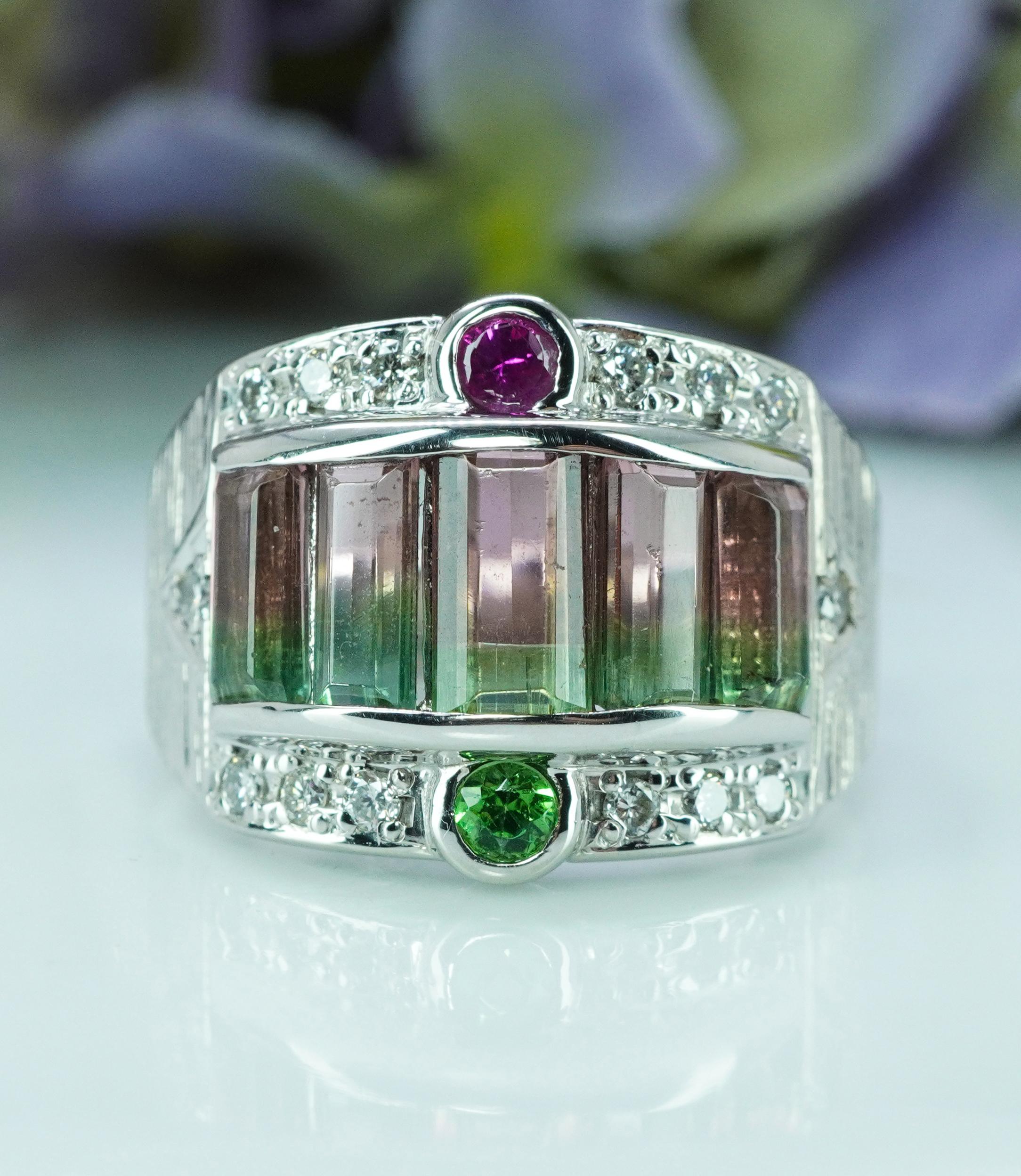 Vintage Zweifarbiger Turmalin-Diamant-Ring Platin Rosa Grün Wassermelone HEAVY im Angebot 1