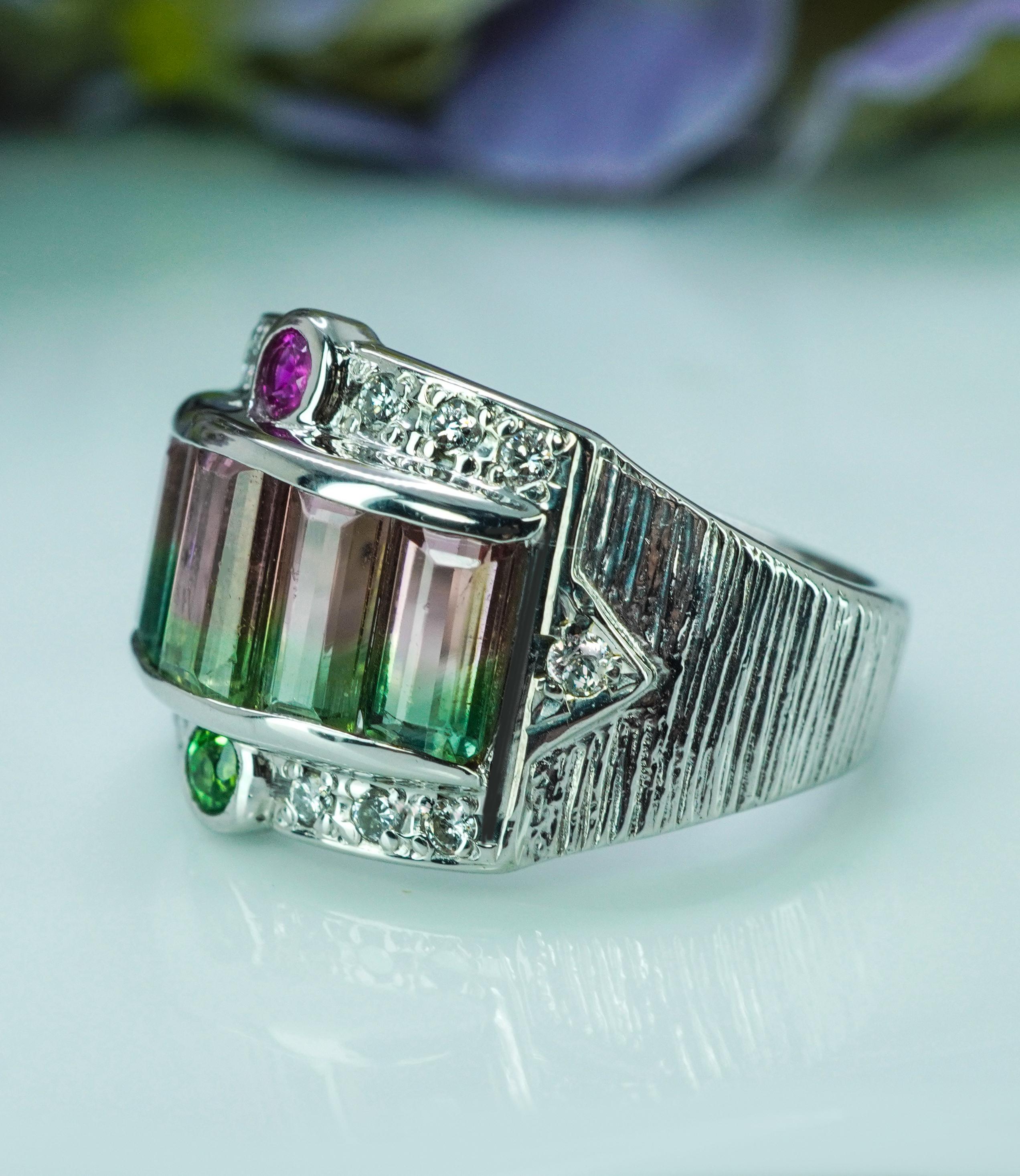 Vintage Zweifarbiger Turmalin-Diamant-Ring Platin Rosa Grün Wassermelone HEAVY im Angebot 2