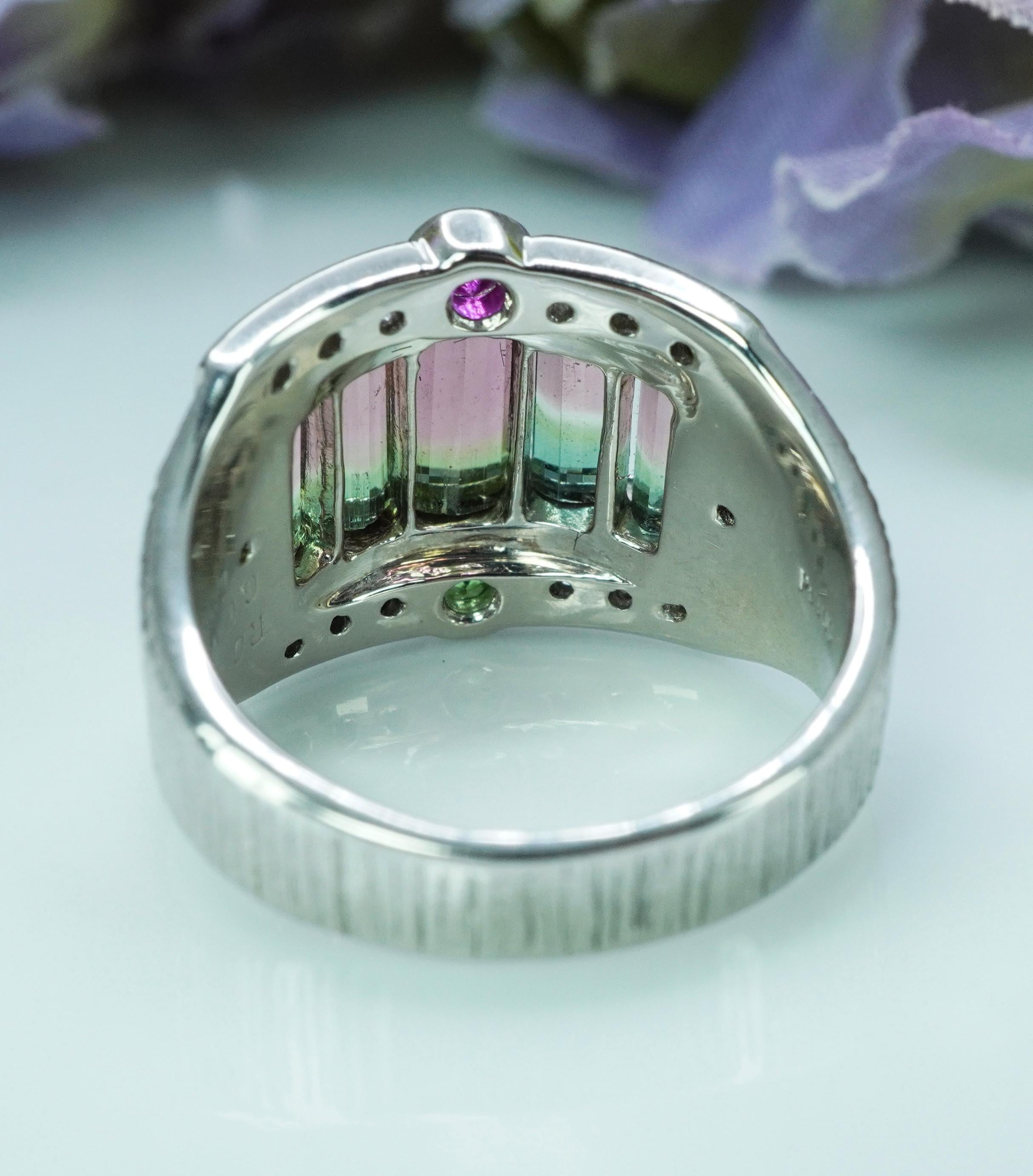Vintage Zweifarbiger Turmalin-Diamant-Ring Platin Rosa Grün Wassermelone HEAVY im Angebot 3