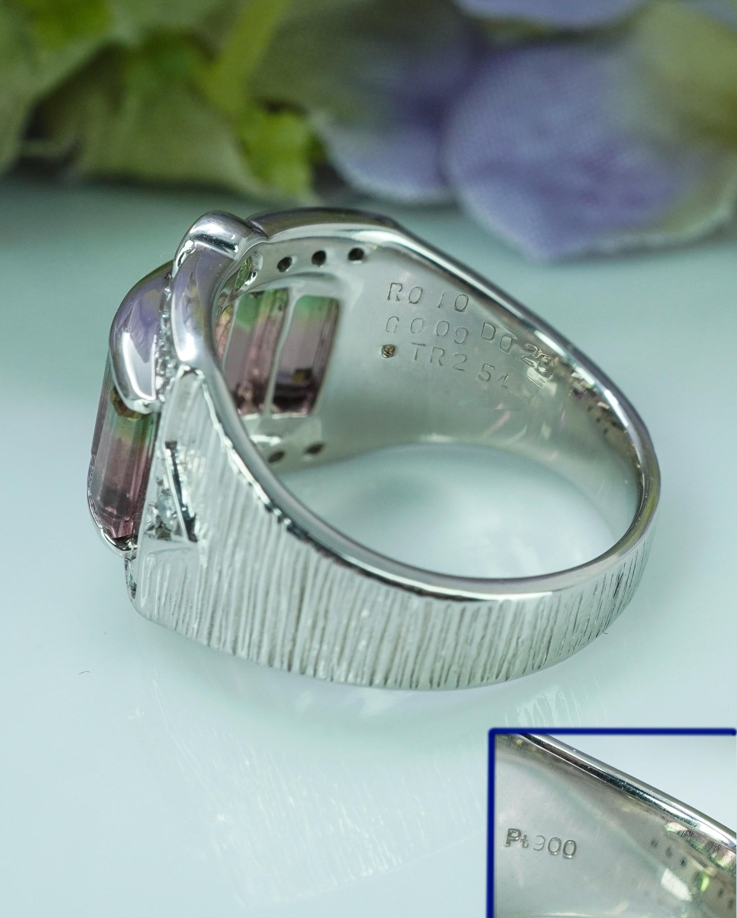 Vintage Zweifarbiger Turmalin-Diamant-Ring Platin Rosa Grün Wassermelone HEAVY im Angebot 4